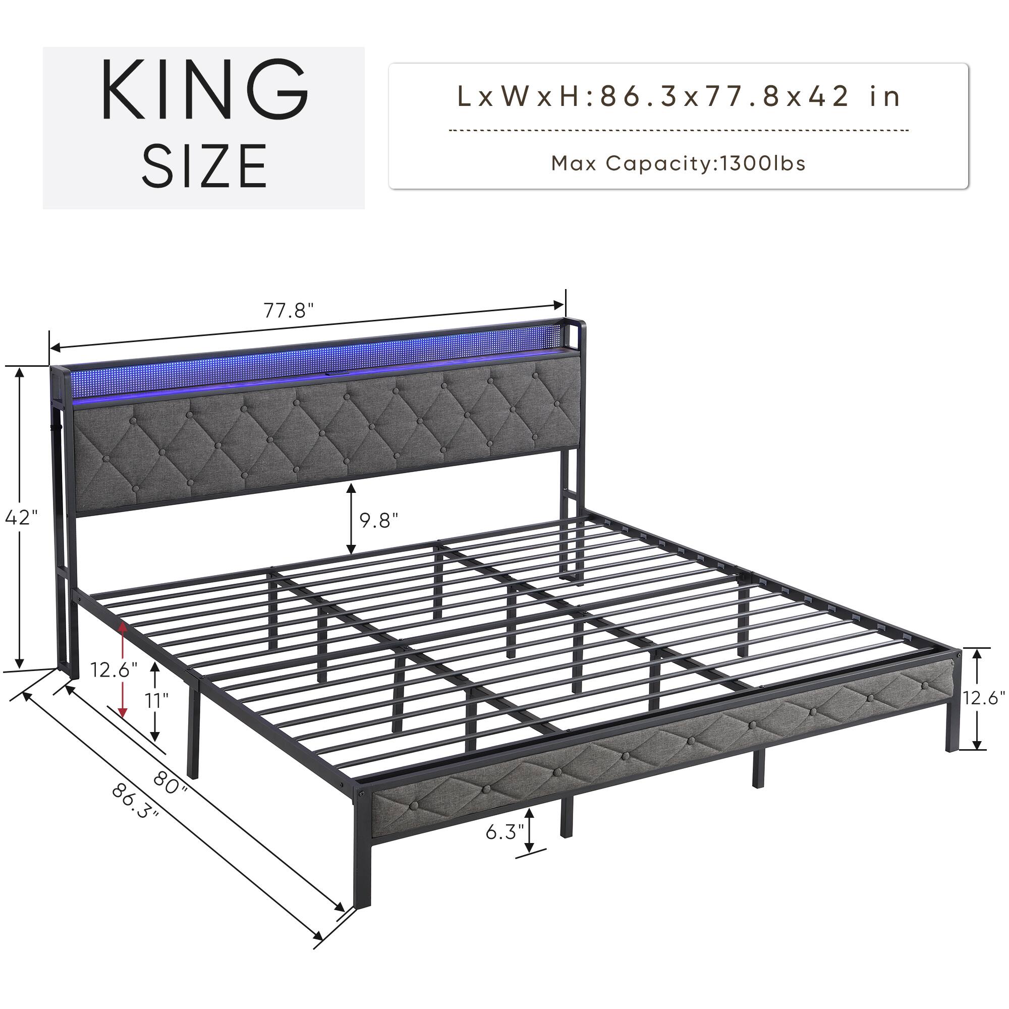 KING SIZE  
LxWxH: 86.3 x 77.8 x 42 in  
Max Capacity: 1300lbs  

77.8"  
42"  
9.8"  
12.6"  
11"  
12.6"  
80"  
86.3"  
6.3"