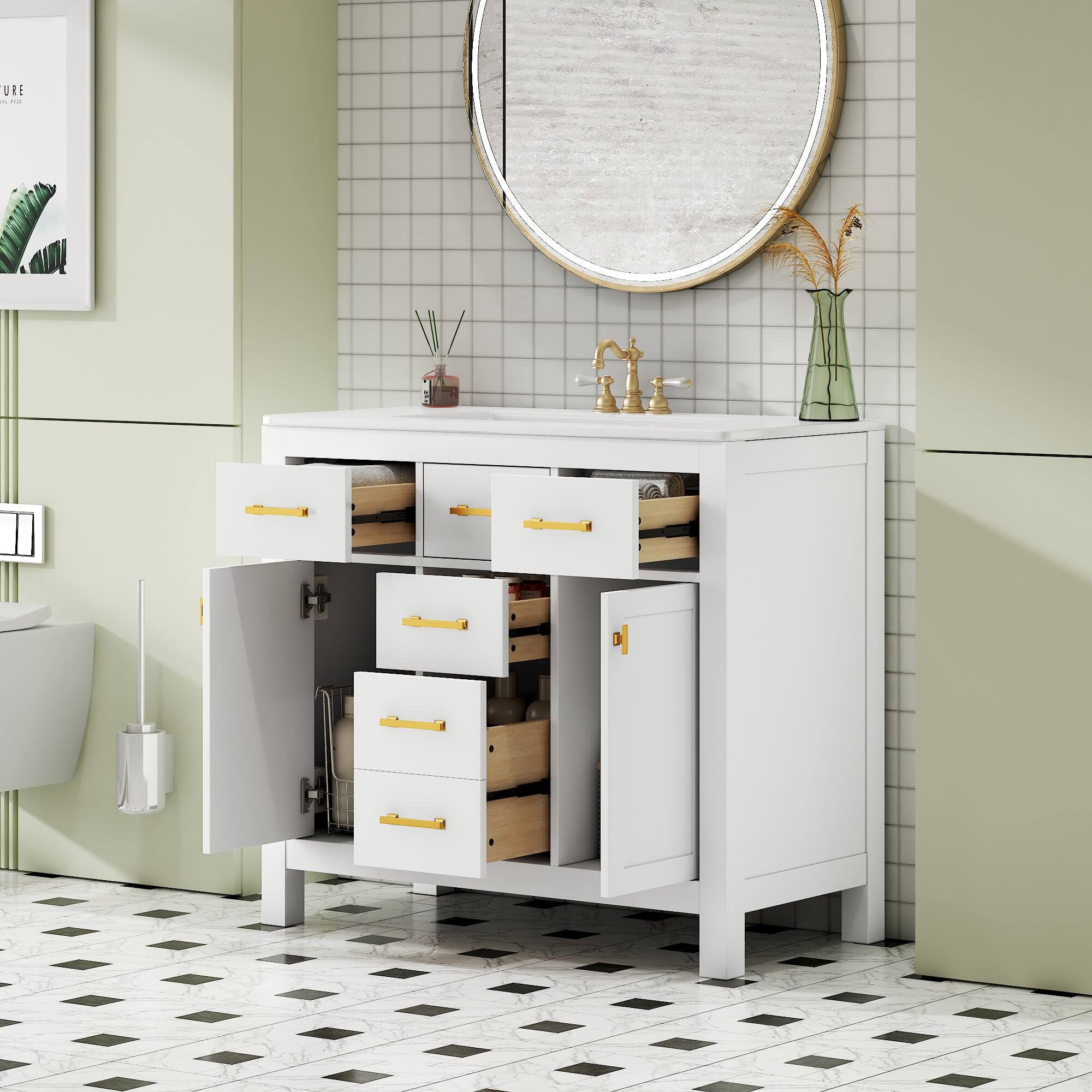 Alt View 2. Boyel Living - 36 Inch Modern Bathroom Vanity with Ceramic Sink Four Drawers Two Cabinets White - White.