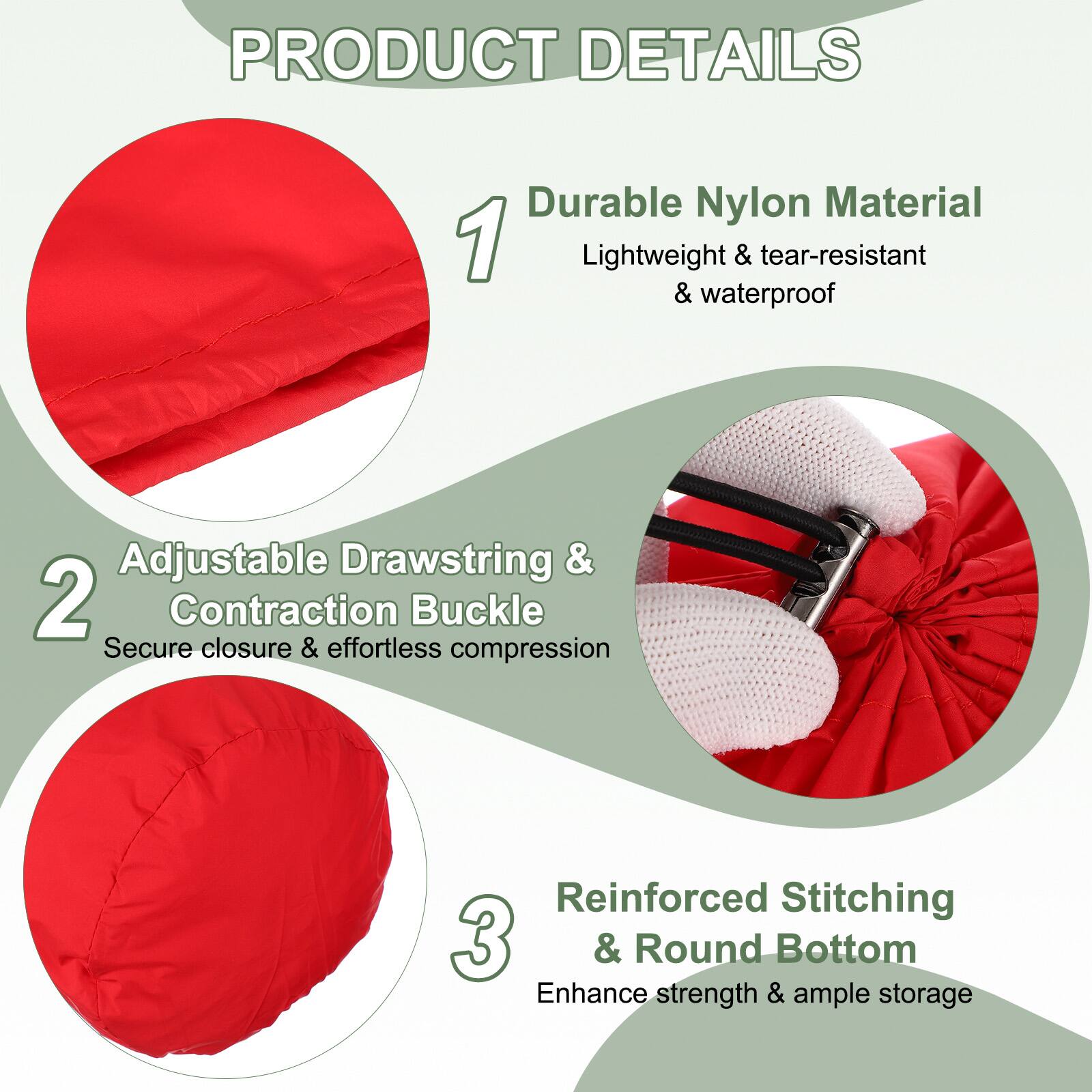 PRODUCT DETAILS

1. Durable Nylon Material  
   Lightweight & tear-resistant & waterproof

2. Adjustable Drawstring & Contraction Buckle  
   Secure closure & effortless compression

3. Reinforced Stitching & Round Bottom  
   Enhance strength & ample storage