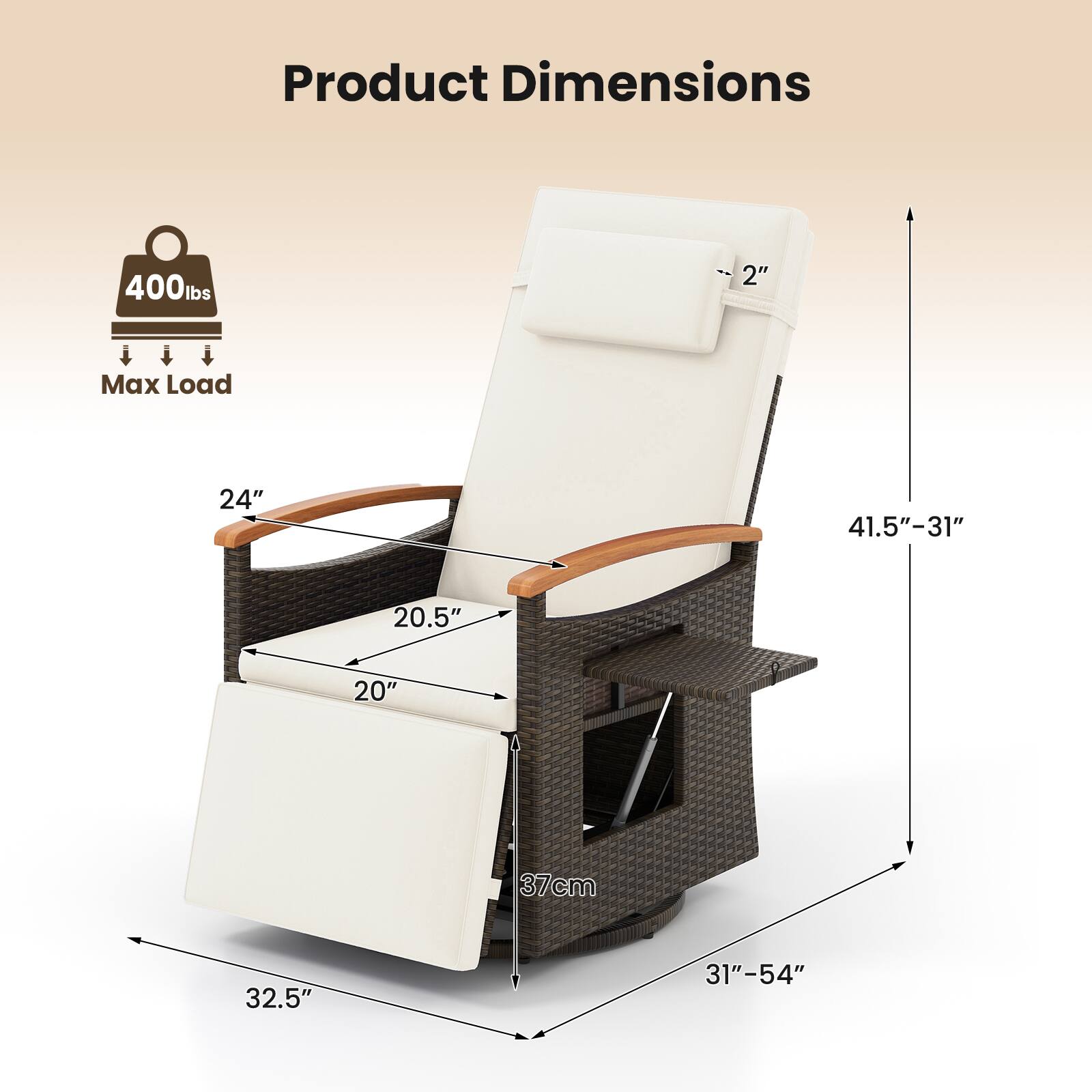 Product Dimensions

- 400 lbs Max Load
- 24"
- 20.5"
- 20"
- 37 cm
- 32.5"
- 31" - 54"
- 41.5" - 31"