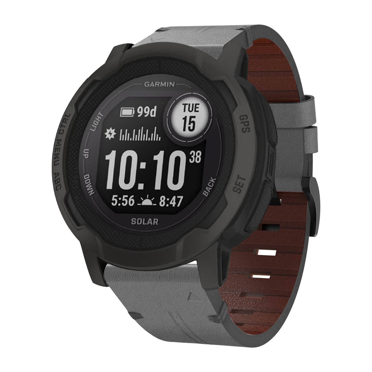 GARMIN CTRL MENU ABC 99d TUE 15 LIGHT 10:10 UP 38 DOWN 5:56 8:47 GPS SET SOLAR