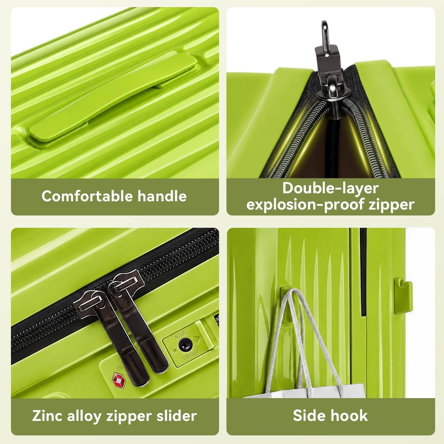 Comfortable handle  
Double-layer explosion-proof zipper  
Zinc alloy zipper slider  
Side hook