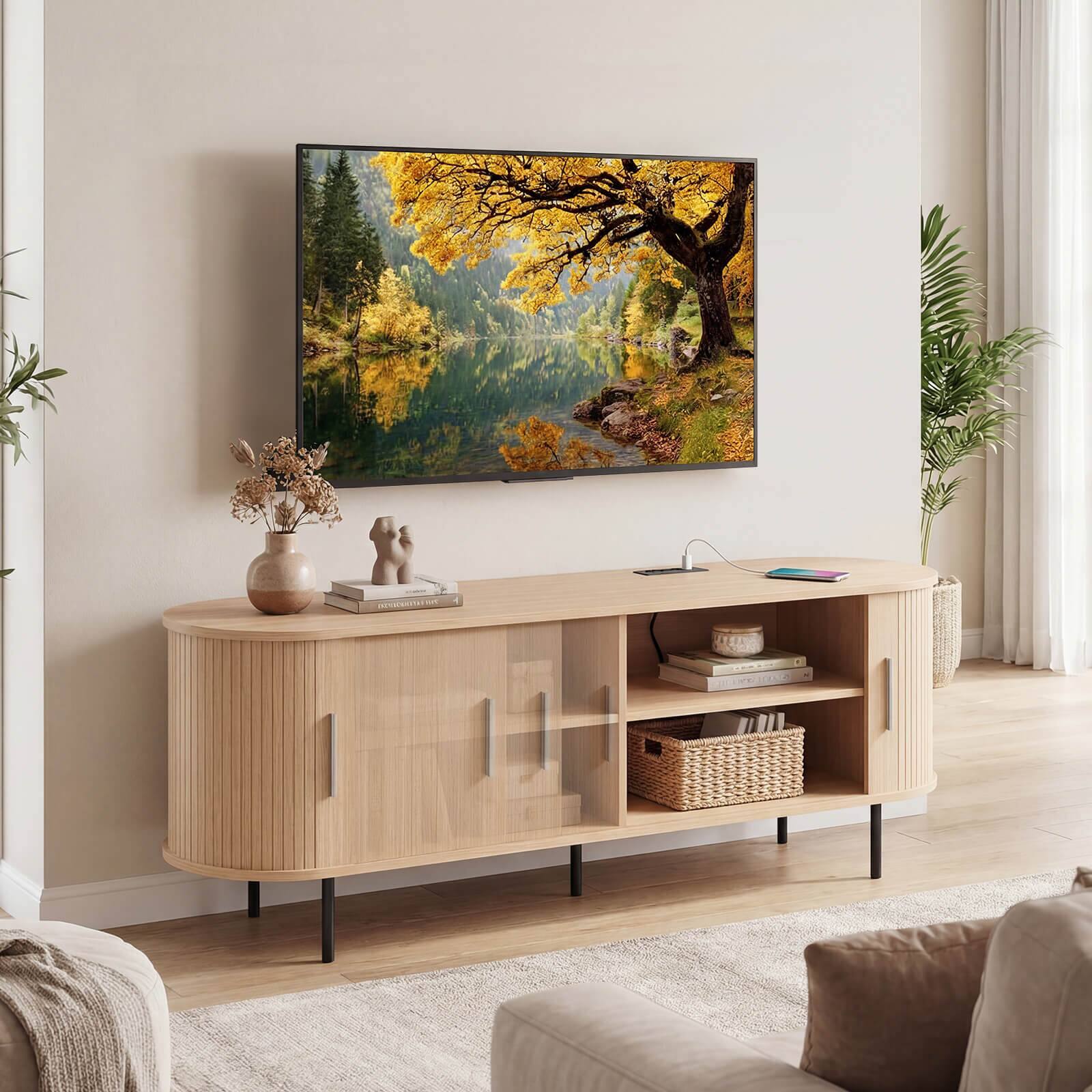 Alt View 3. Costway - Costway Fluted TV Stand for TVs up to 60", Mid Century Curved Entertainment Center - Natural.