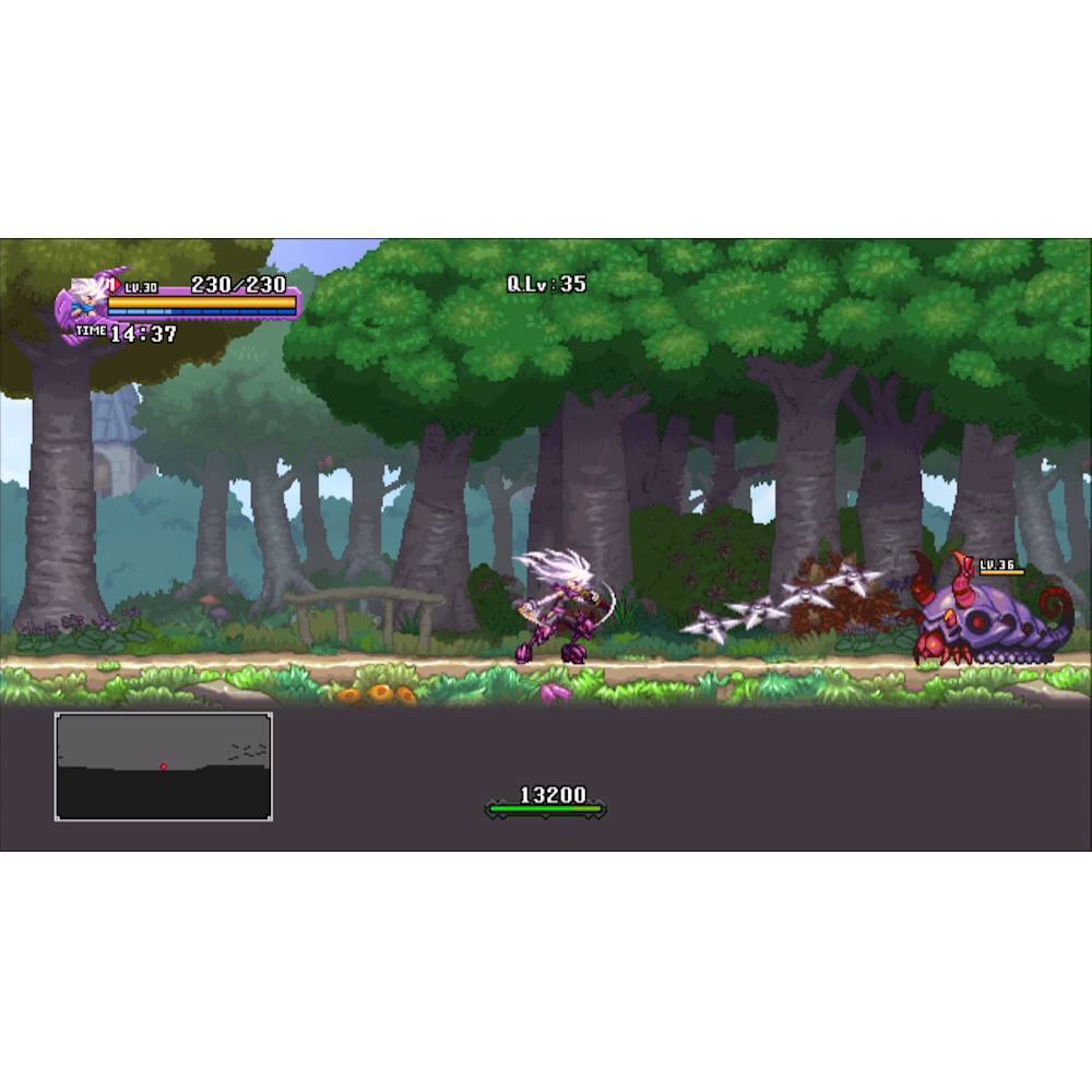 The image features a video game with a character running through a forest. The game is set in a fantasy world, and the character is moving through a wooded area. The game is likely a role-playing game, as the character is seen running through the forest. The image also shows a scoreboard, indicating that the game is in progress, and the player's progress is being tracked. The scoreboard displays the character's current level, which is level 35, and the time elapsed, which is 14:37.