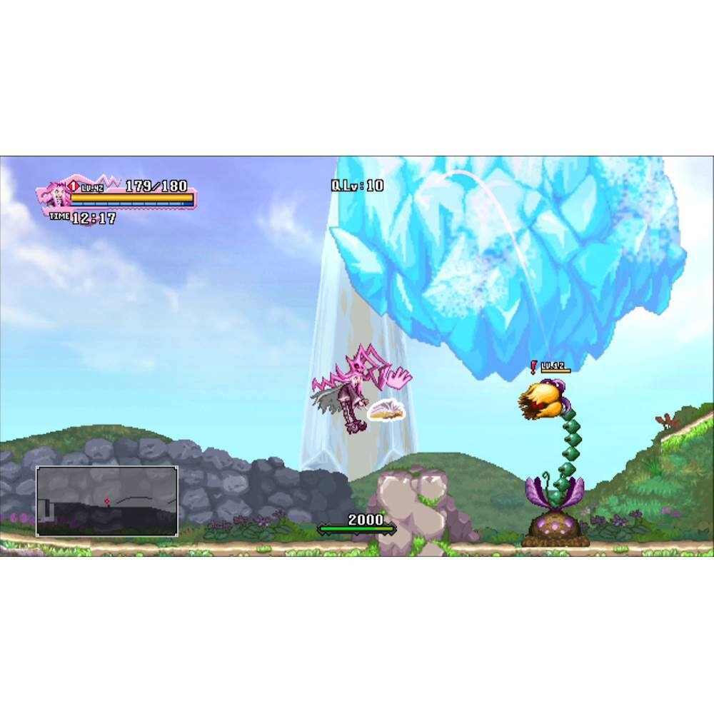 The image shows a video game with a character flying through the air, possibly in a fantasy or RPG setting. The character is in the middle of the scene, surrounded by various elements such as rocks, a giant ice crystal, and a dragon. The game appears to be a 2D side-scrolling game, with the character possibly riding a dragon or a bird. The image also features a scoreboard, indicating that the game has a competitive aspect or is part of a challenge.