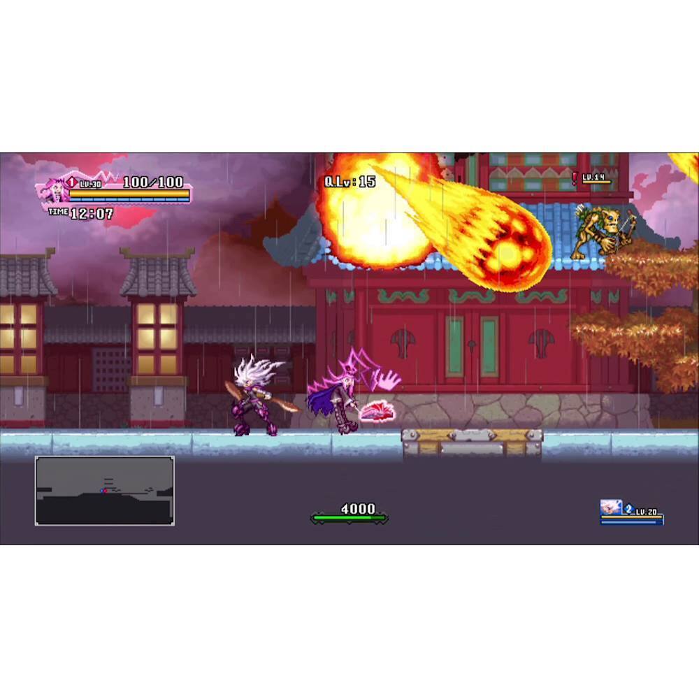 The image features a video game with a character holding a sword and facing an opponent. The game is set in a city with buildings and a fire in the background. The character is standing in front of a building, and there is a fire in the sky. The game appears to be a fighting game, with the characters using swords to engage in combat. The image also shows a timer and a score, indicating that the game is timed and has a point system.