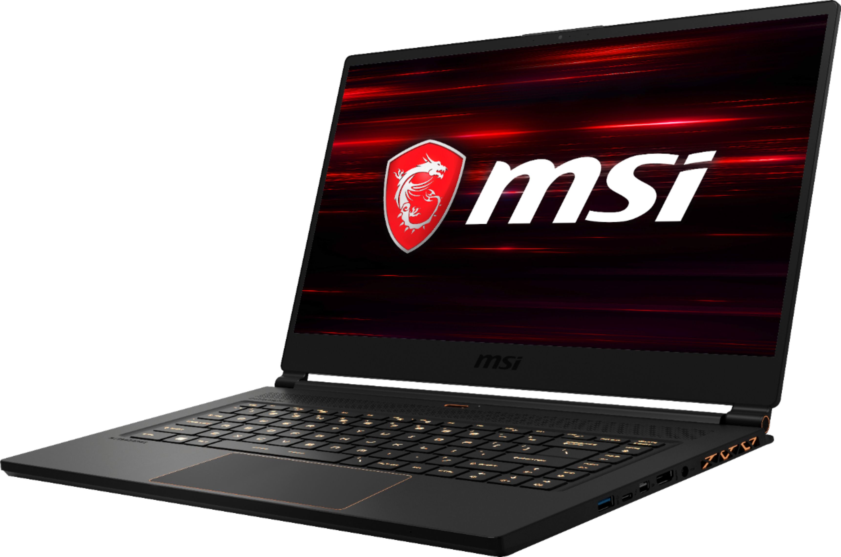 Left View: MSI - 15.6" Gaming Laptop - Intel Core i7 - 32GB Memory - NVIDIA GeForce RTX 2060 - 512GB Solid State Drive - Matte Black With Gold Diamond Cut