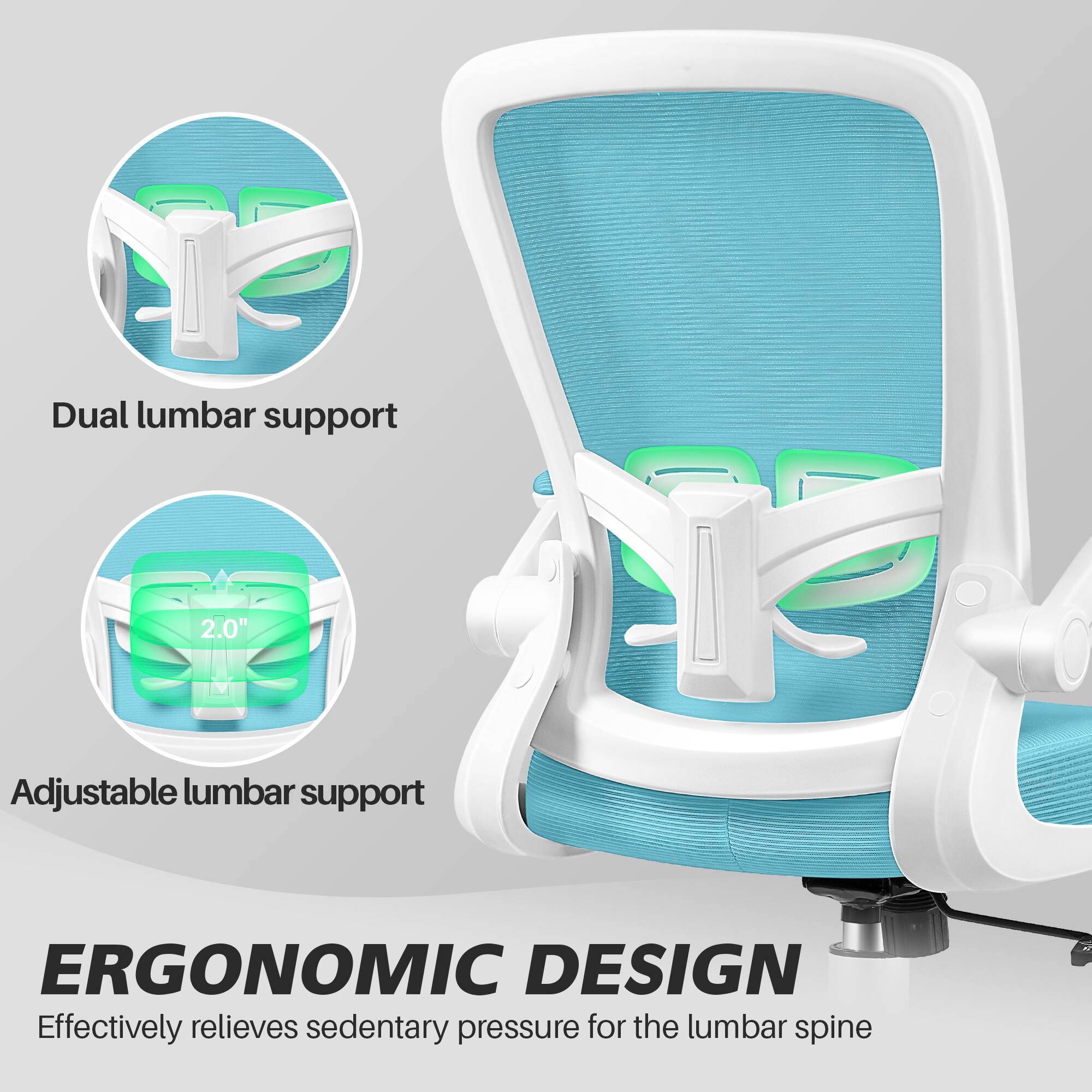Dual lumbar support  
2.0" Adjustable lumbar support  
ERGONOMIC DESIGN  
Effectively relieves sedentary pressure for the lumbar spine