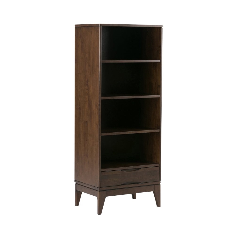 Left View: Simpli Home - Harper Mid-Century Modern Solid Hardwood 4-Shelf 1-Drawer Bookcase - Walnut Brown