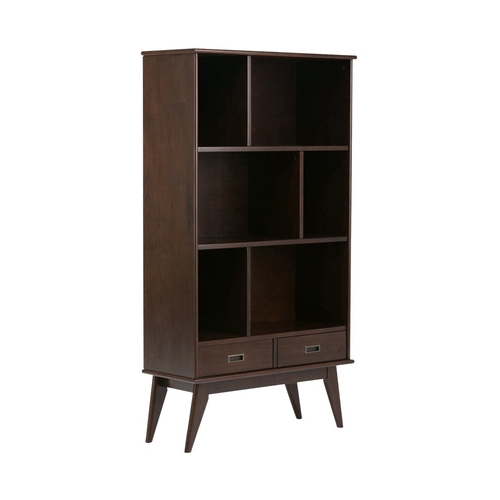 Simpli Home - Draper Mid-Century Modern Solid Hardwood 6-Shelf 2-Drawer Bookcase - Medium Auburn Brown