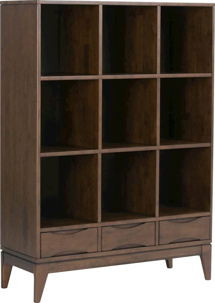 Angle. Simpli Home - Harper Mid Century Modern Cube Storage Bookcase With Drawers - Walnut Brown.