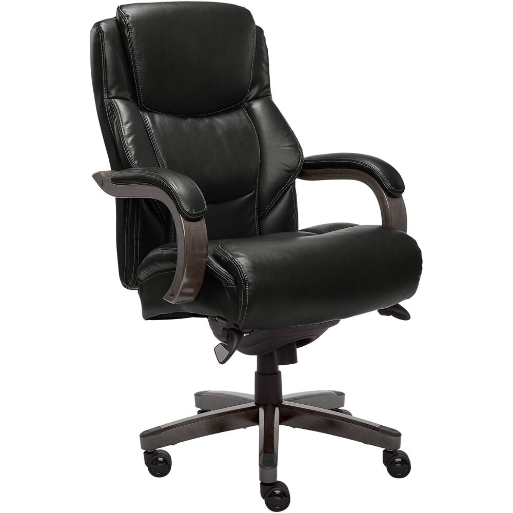 Left. La-Z-Boy - Big & Tall Executive Office Chair with Lumbar Support Leather Ergonomic Reclining Office Chair with Padded Arms - Jet Black/Gray Wood.