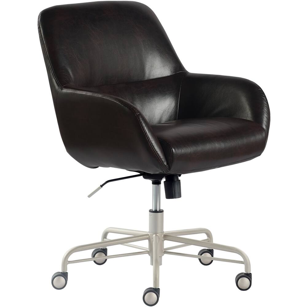 Left. Finch - Home Office Chair in Modern Sleek Design with Fixed Padded Armrests Adjustable Height Reclining Swivel Leather - Silver/Dark Brown.