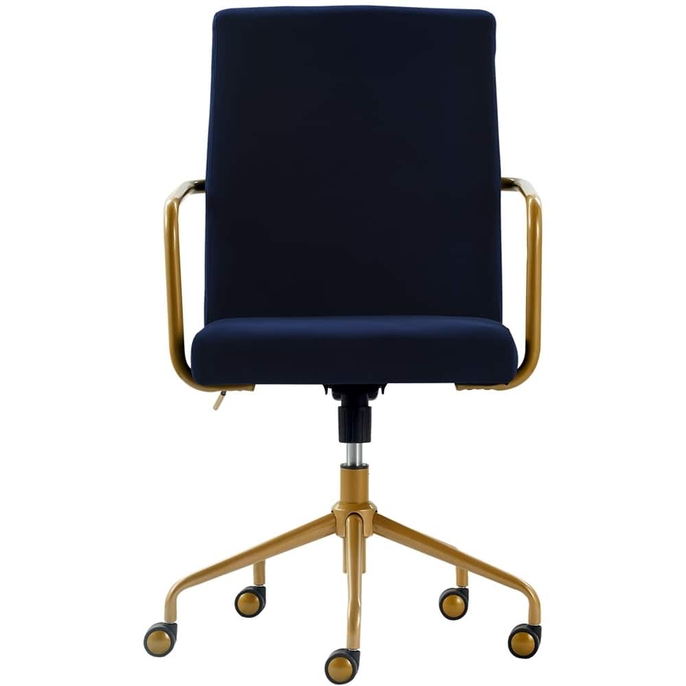 Front. Elle Decor - Giselle Mid-Century Modern Fabric Executive Chair - Gold/Velvet Blue.