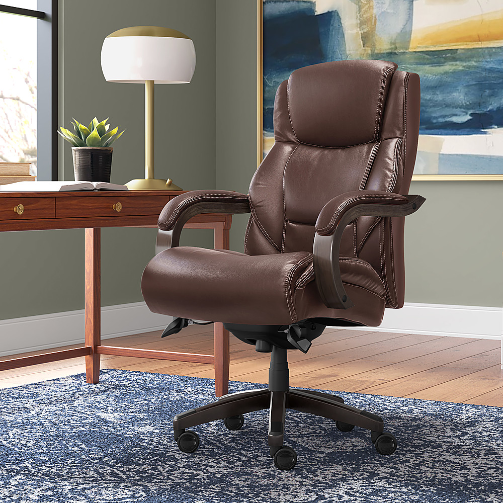 Left View: La-Z-Boy Delano Big & Tall Bonded Leather Executive Chair - Chocolate Brown/Gray Wood