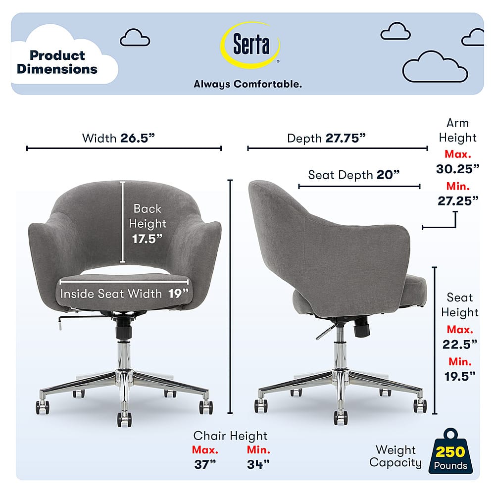 Left View: Serta - Valetta Fabric Home Office Chair - Gray/Chrome