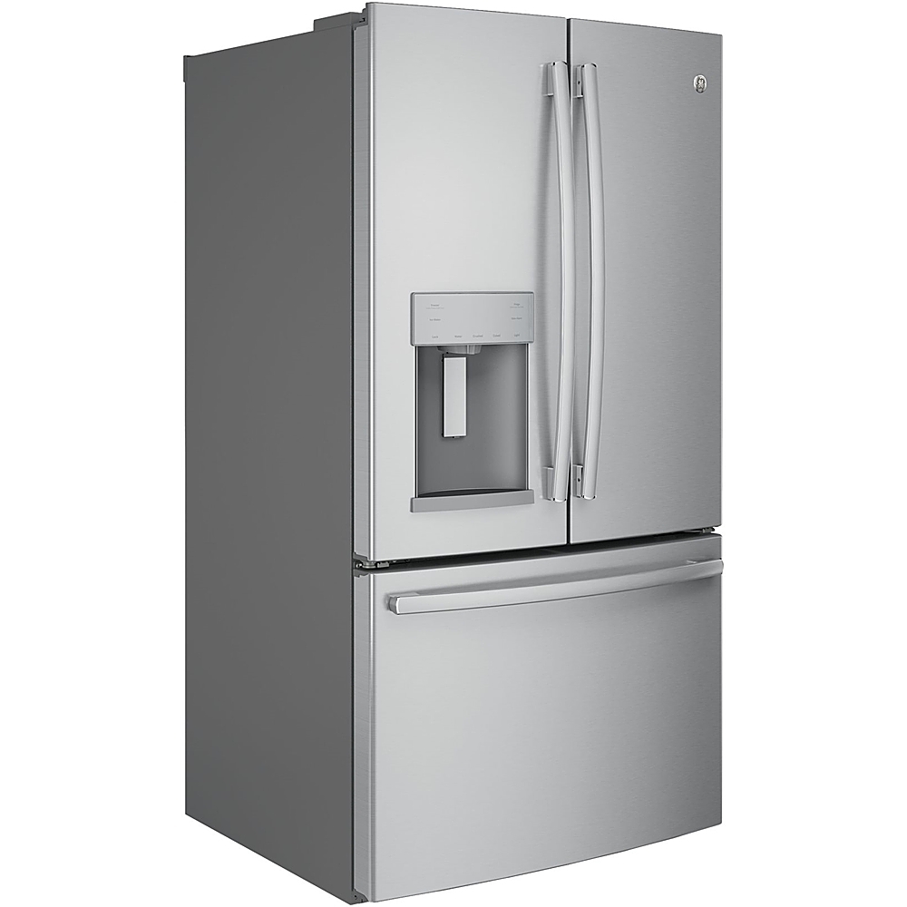 Left View: GE - 27.0 Cu. Ft. French Door Refrigerator with Internal Water Dispenser - High gloss white