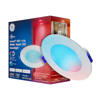 y8 Cync reveal HD+ 4-In. Wafer Smart LED Downlight
Millions of Vibrant Colors + The Purest Clean Light of reveal®
Water Resistant
65W
760 Lumens
1 Fixture + Junction Box
No recessed housing required
Dimmable to 1% brightness with app or Cync Smart Dimmer Switch
Works with Google Home, Alexa, and Matter
IC-Rated for direct contact with insulation
Certified Air Quality (EPA 430-R-15)
Not for use with traditional dimmers
- Cync
- Works with Google Home
- Works with Alexa
- Works with Matter