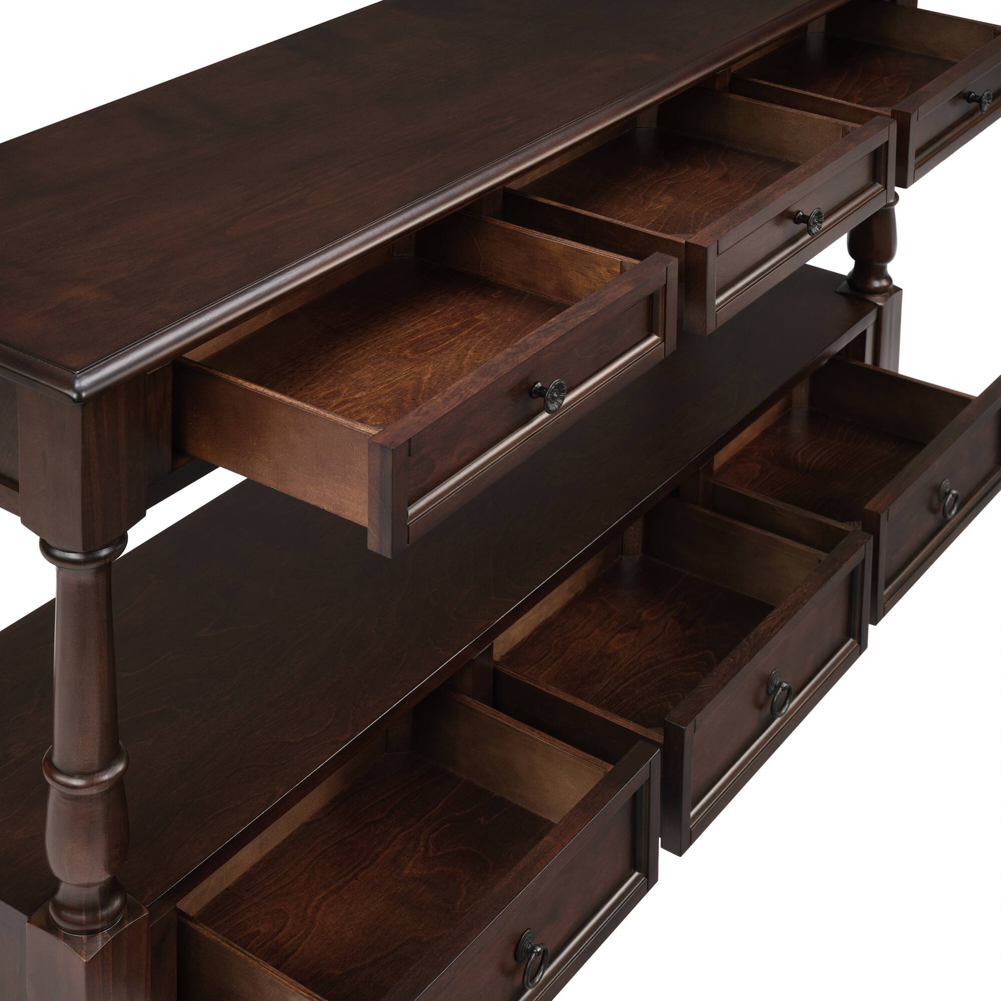 Alt View 9. GOODSILO - Vintage Style Solid Wood Console Table with Six Drawers and Two-Tier Shelf for Living Room and Entryway - Espresso.