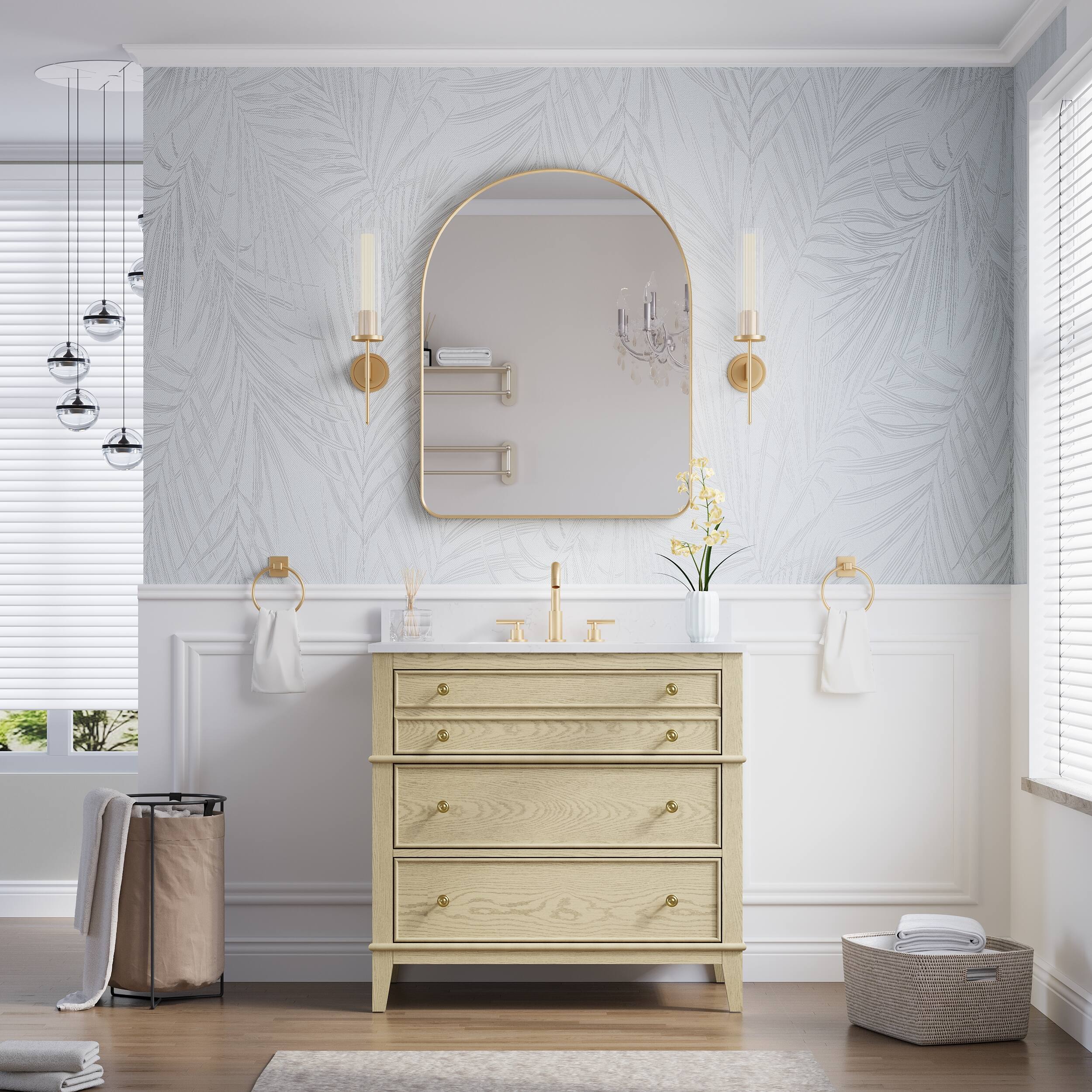 Alt View 1. WELLFOR - 28 in. W x 36 in. H Arch Anodized Aluminum Framed Bathroom Vanity Mirror - Brushed Gold.