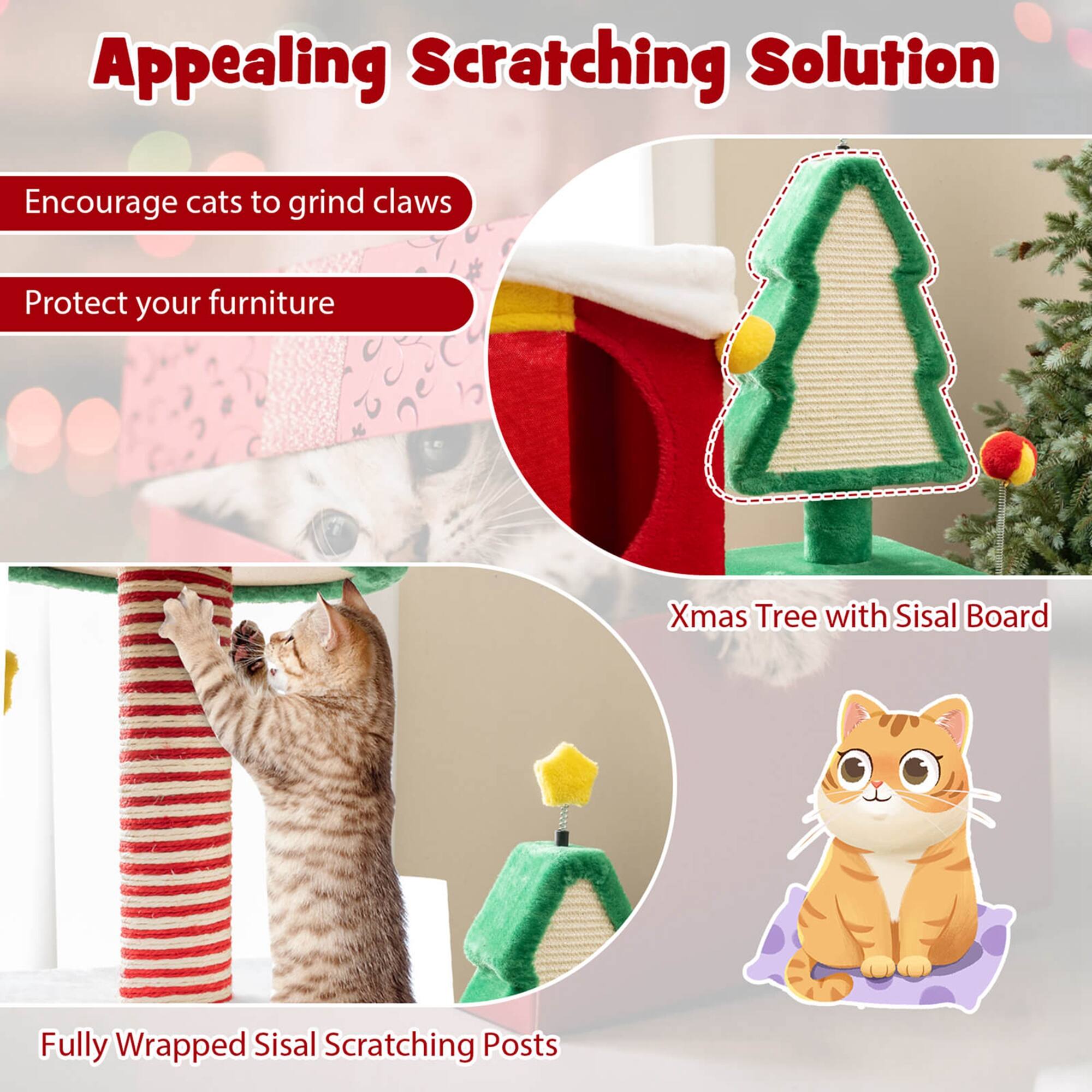 Appealing Scratching Solution, Encourage cats to grind claws, Protect your furniture, Xmas Tree with Sisal Board, Fully Wrapped Sisal Scratching Posts