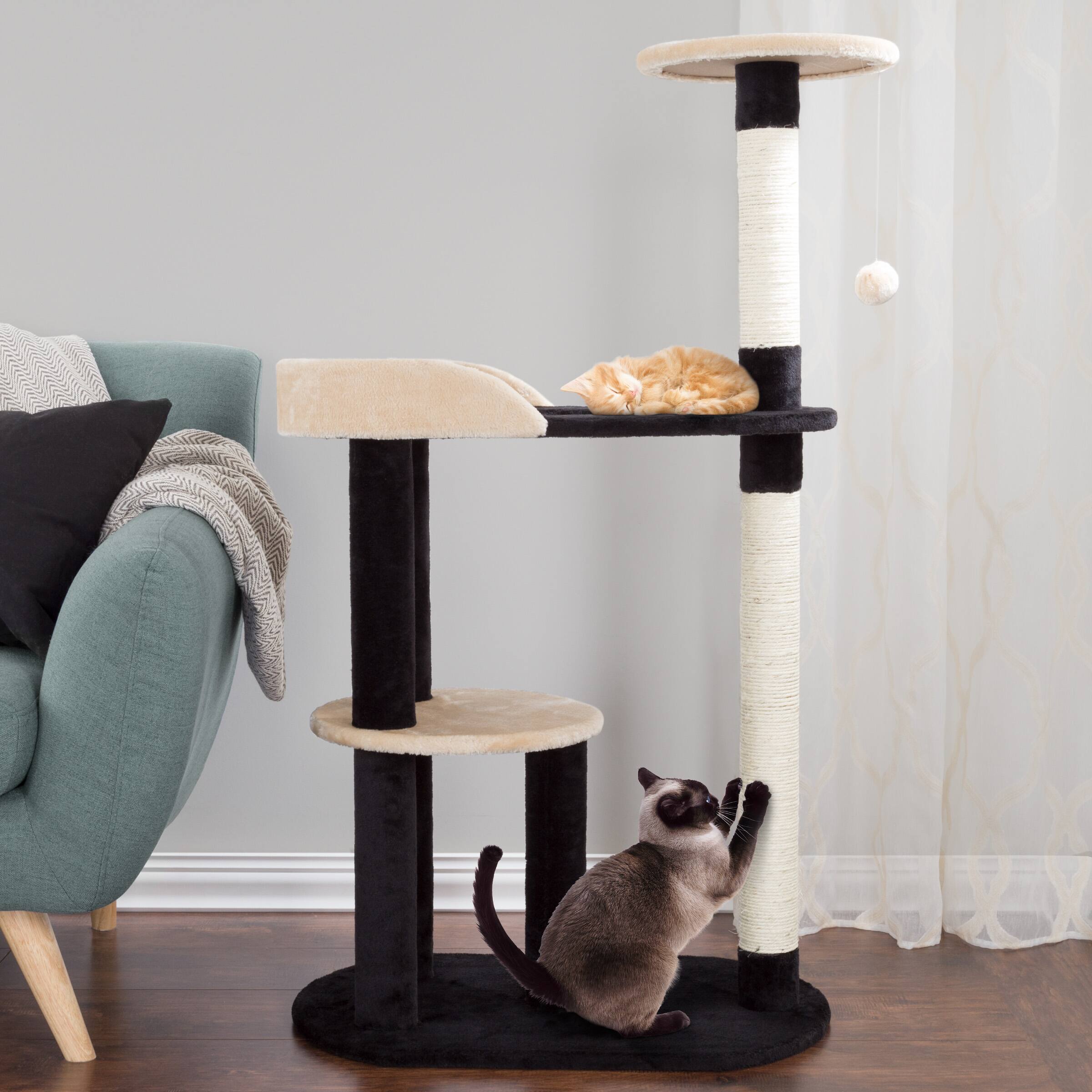 Alt View 1. PetMaker - 3-Tier Cat Tower Indoor Feline Furniture with 2 Napping Perches, 2 Sisal Rope Scratching Posts, Hole, and Fun Toy - Black and Tan.