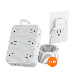 TESSAN - 1800J Protection 15 Ft Flat Plug Surge Protector Power Strip with 12 Outlets and 4 USB Ports (2 USB-C) - Grey White