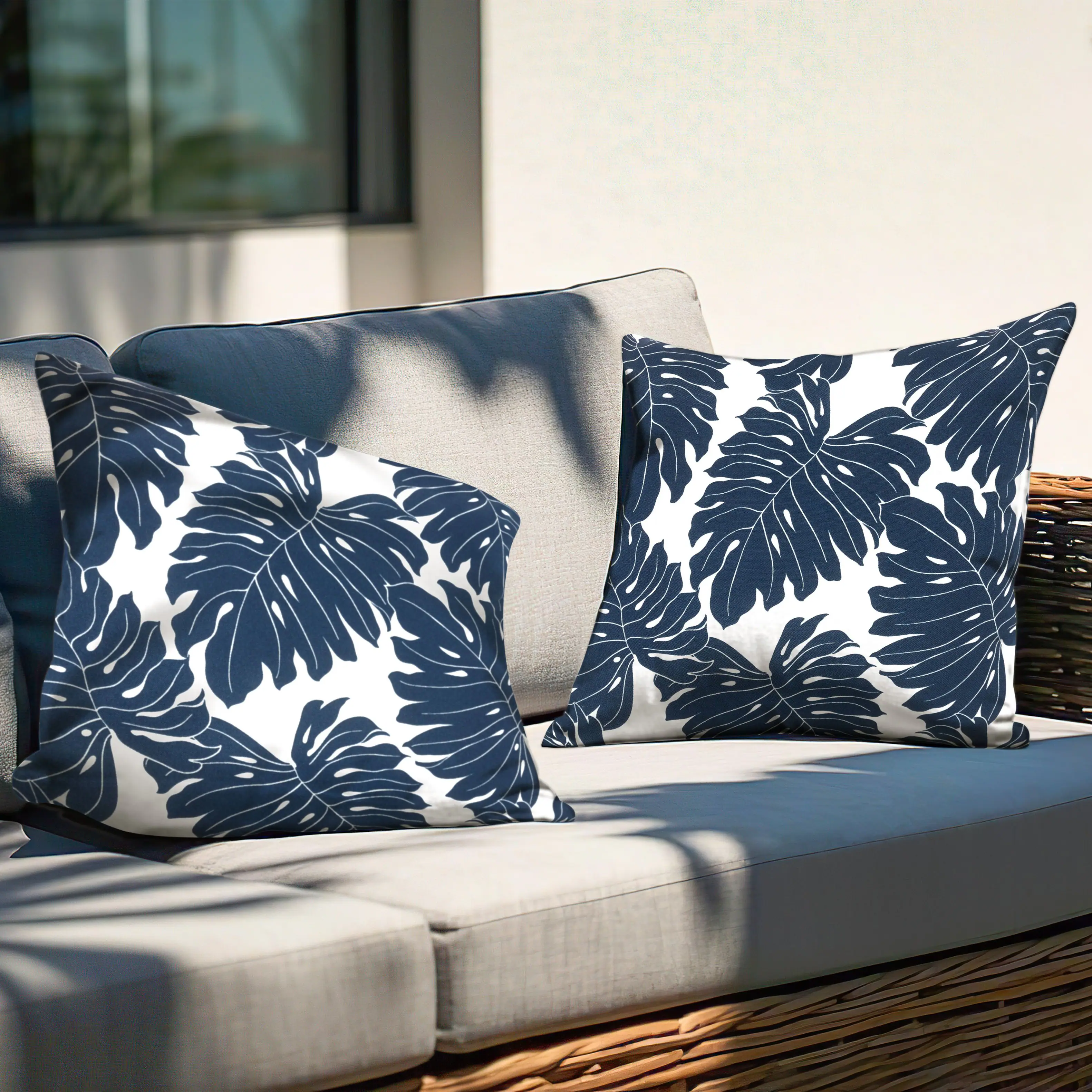 Angle. Nuu Garden - Outdoor Patio Water-Resistant Throw Pillows Set of 2 - Palm Leaf Pattern.