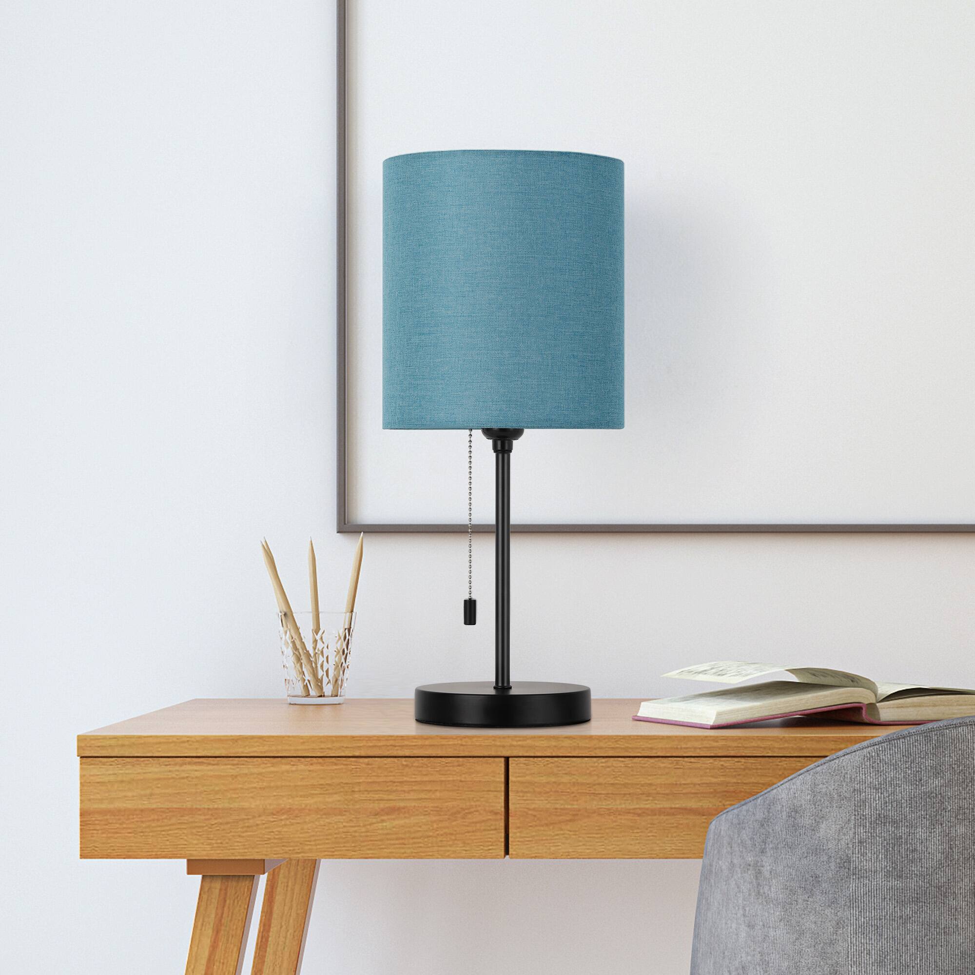 Alt View 2. Oumilen - Pull Chain Black Metal Table Lamp with Teal Linen Shade.