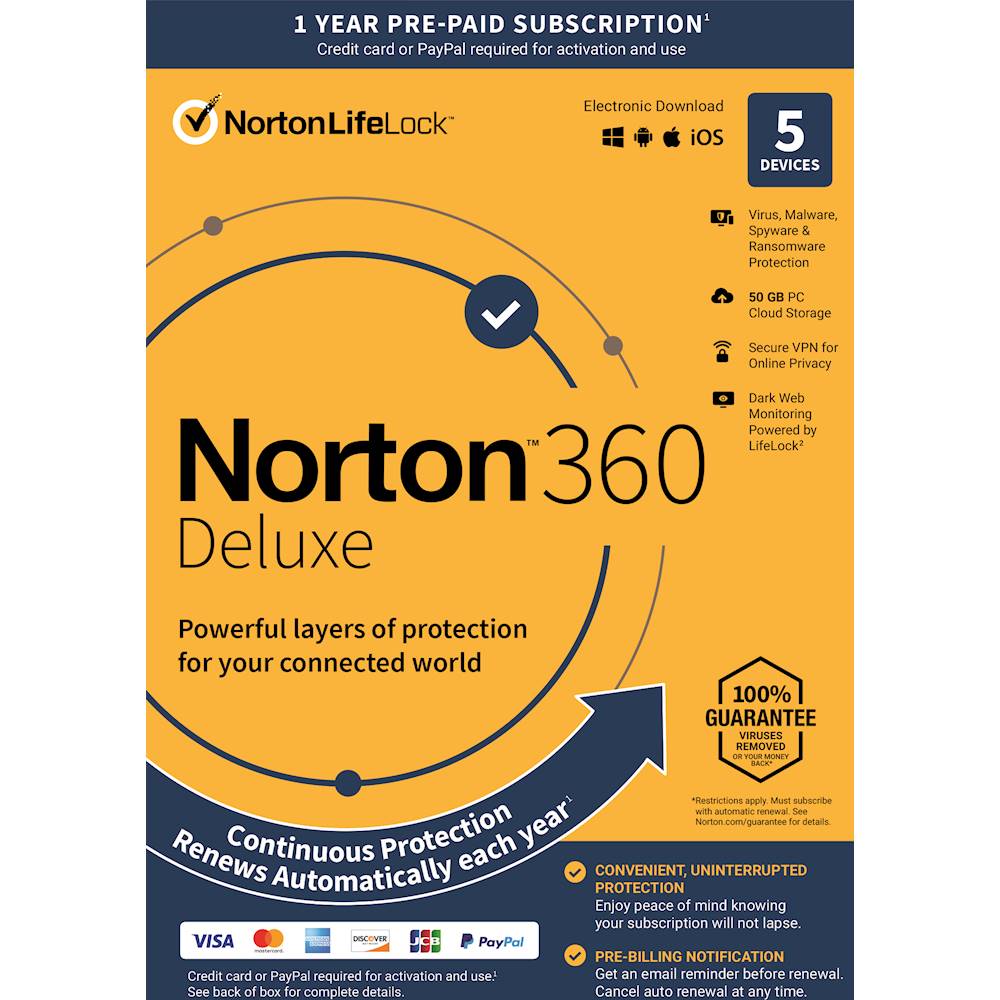 NortonLifeLock - 360 Deluxe (5-Device) (1-Year Subscription with Auto Renewal)