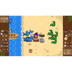 The image shows a group of people standing on a beach, with a boat nearby. There are also several sharks in the scene, some of which are close to the people, while others are further away. The people are likely engaged in a game or activity involving the sharks. The image is a part of a video game, as indicated by the presence of a boat and the people interacting with the sharks.
