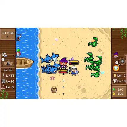 The image shows a group of people standing on a beach, with a boat nearby. There are also several sharks in the scene, some of which are close to the people, while others are further away. The people are likely engaged in a game or activity involving the sharks. The image is a part of a video game, as indicated by the presence of a boat and the people interacting with the sharks. - E10+ (Everyone 10+)