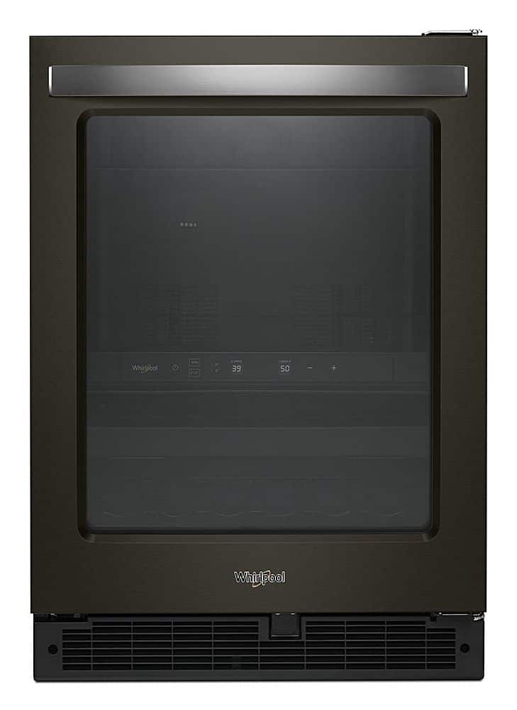 Front. Whirlpool - 14-Bottle Dual Zone Wine Refrigerator - Black stainless steel.
