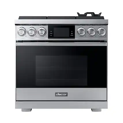 Front. Dacor - Contemporary 5.4 Cu. Ft. Self-Cleaning Freestanding Gas Convection Range with 6 burners, Liquid Propane Convertible - Silver Stainless Steel.