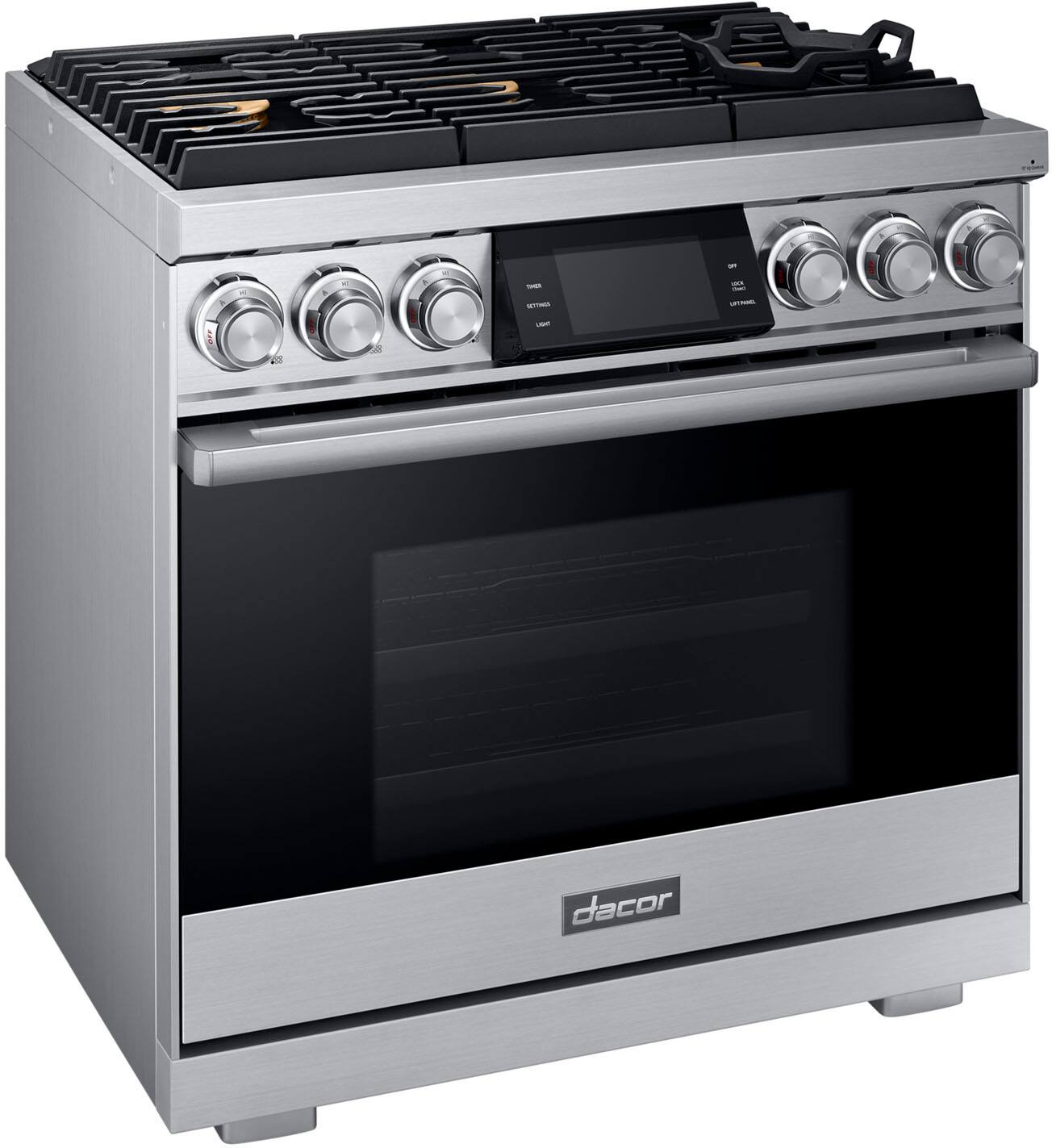 Left View: Dacor - Contemporary 5.4 Cu. Ft. Self-Cleaning Freestanding Gas Convection Range with 6 burners, Liquid Propane Convertible - Silver stainless steel