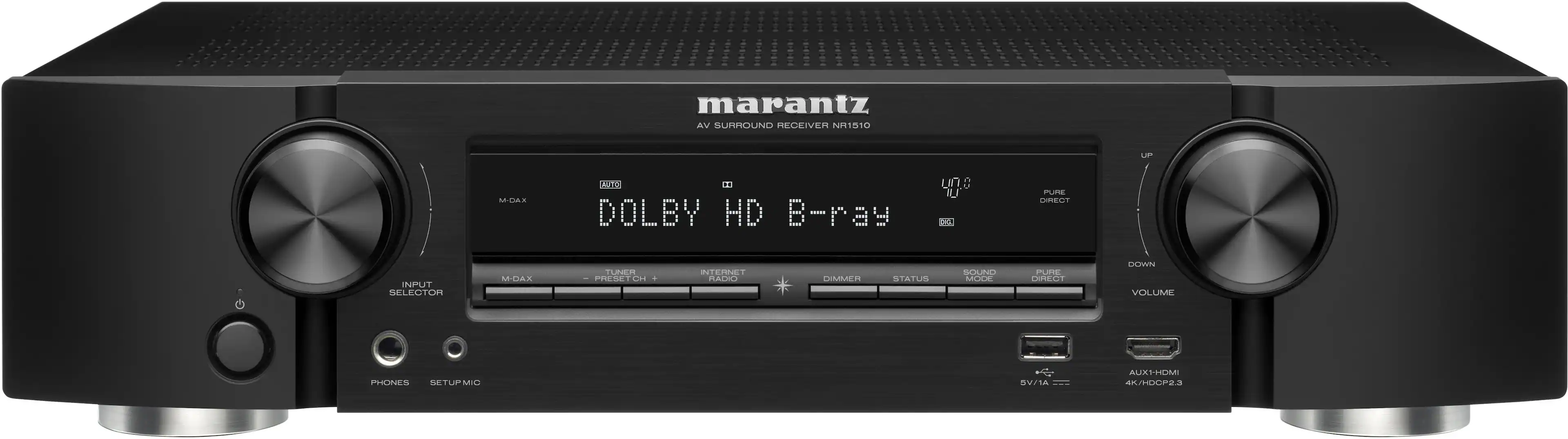 Front. Marantz - NR1510 NR 5.2-Ch. Bluetooth Capable With HEOS 4K Ultra HD HDR Compatible A/V Home Theater Receiver - Black.