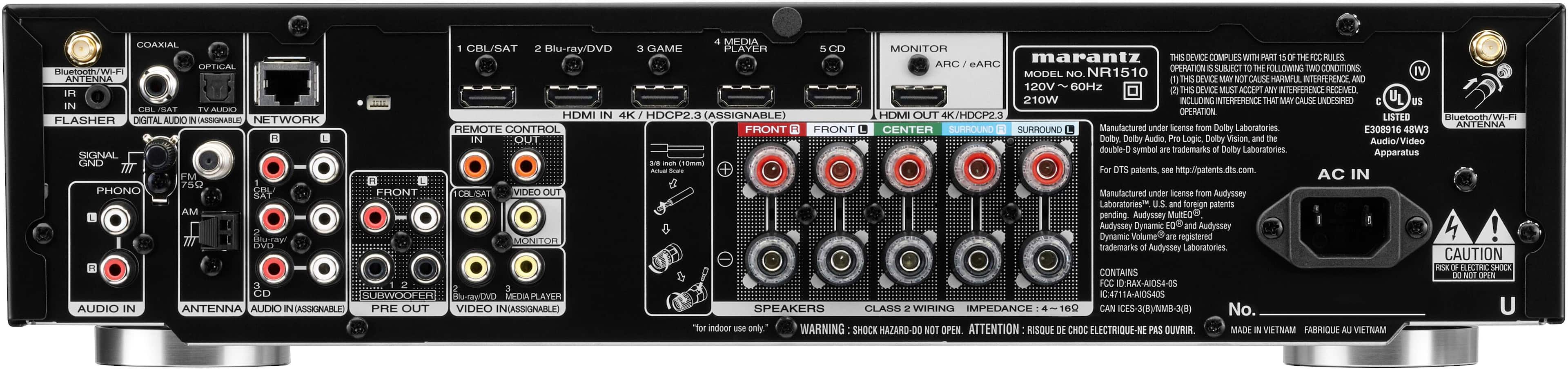 Back. Marantz - NR1510 NR 5.2-Ch. Bluetooth Capable With HEOS 4K Ultra HD HDR Compatible A/V Home Theater Receiver - Black.