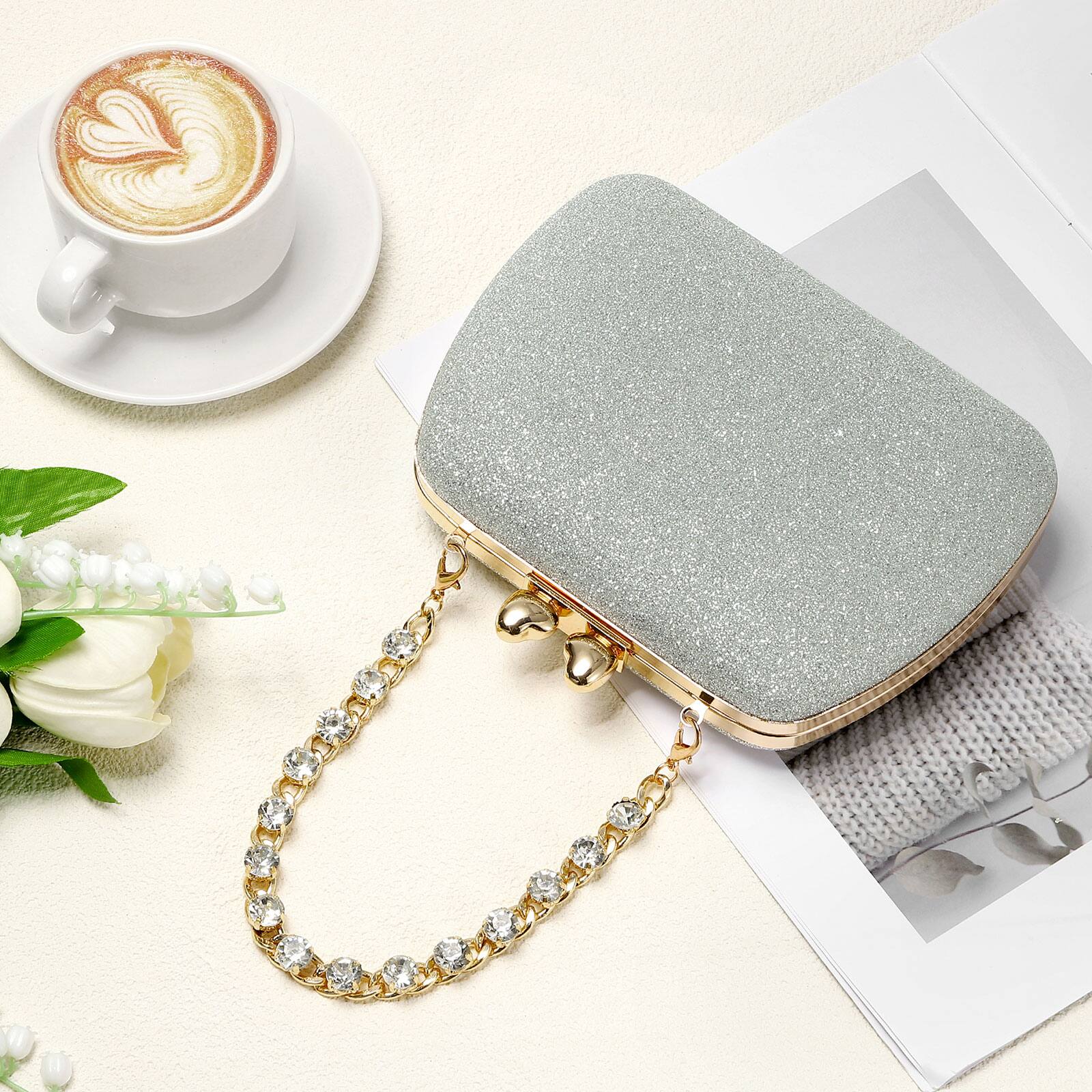 Alt View 5. Unique Bargains - Sparkly Evening Clutch Purse for Women, Vintage Heart Shape Buckle Clasp Handbag for Bridal Wedding 1920s Party - Silver.
