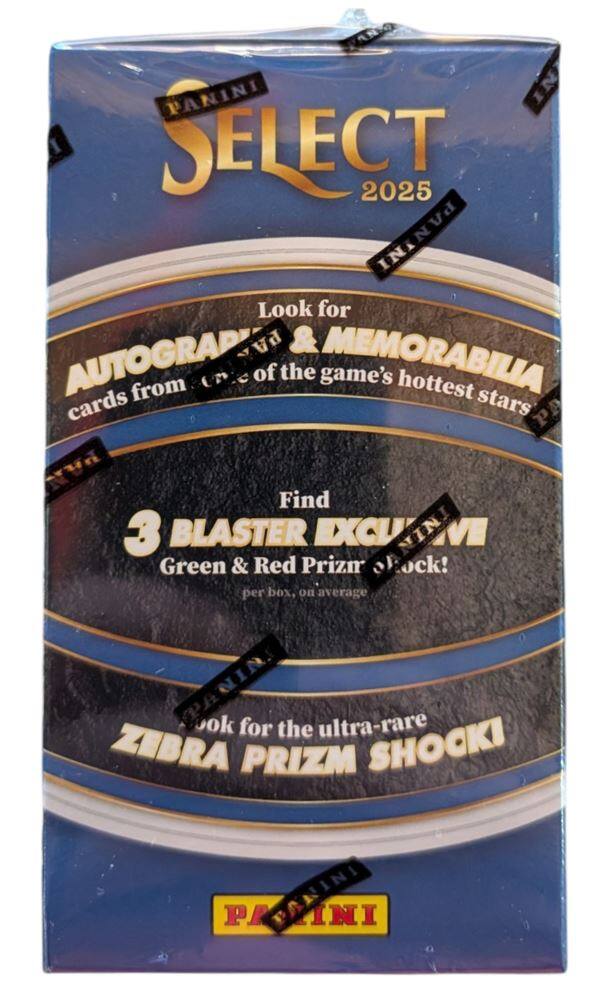 PANINI SELECT 2025

Look for AUTOGRAPH & MEMORABILIA cards from some of the game's hottest stars

Find 3 BLASTER EXCLUSIVE Green & Red Prizm Shock! per box, on average

Look for the ultra-rare ZEBRA PRIZM SHOCK!