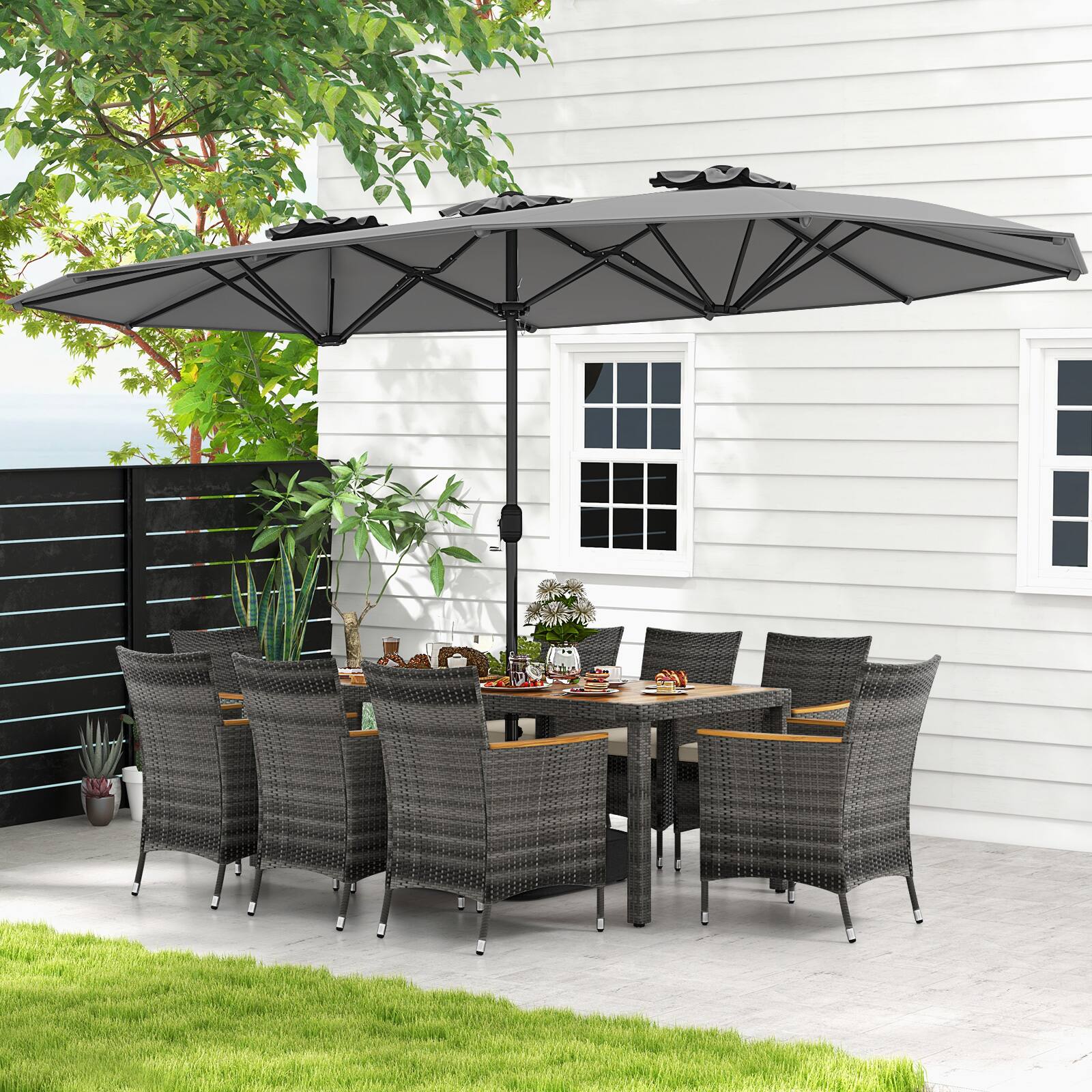 Alt View 4. Costway - 10 Pieces Patio Wicker Dining Set with Double-Sided Patio Umbrella 8 Armchairs - Grey,Mix Brown.