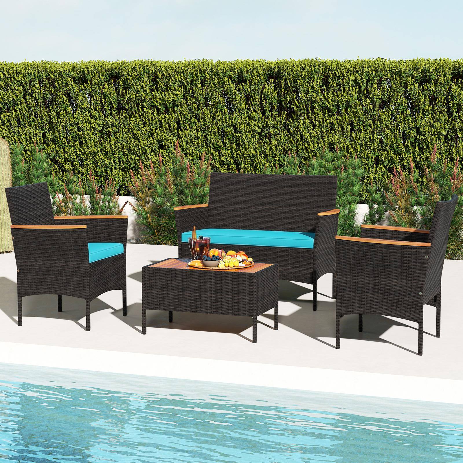 Alt View 1. Costway - Costway 4 PCS Patio Wicker Sofa Set with Coffee Table Acacia Wood Armrests & Tabletop - Mix Brown + Turquoise.
