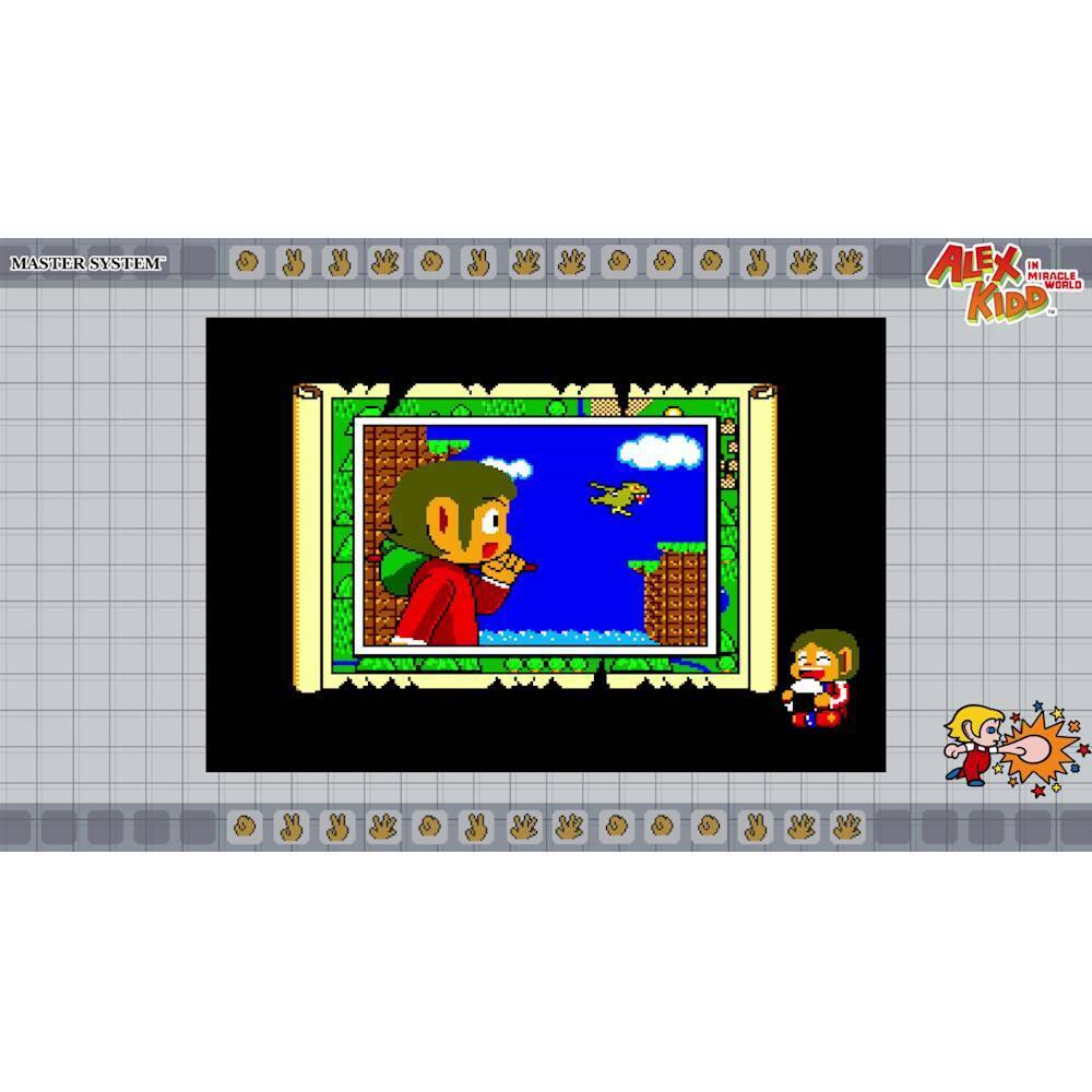 The image features a video game with a character on a screen. The character is holding a gun, and there is a plane in the background. The game appears to be a side-scrolling adventure game, possibly inspired by the NES game "Alex Kidd in Miracle World." The game is displayed on a TV screen, and the character is positioned in the middle of the screen.
