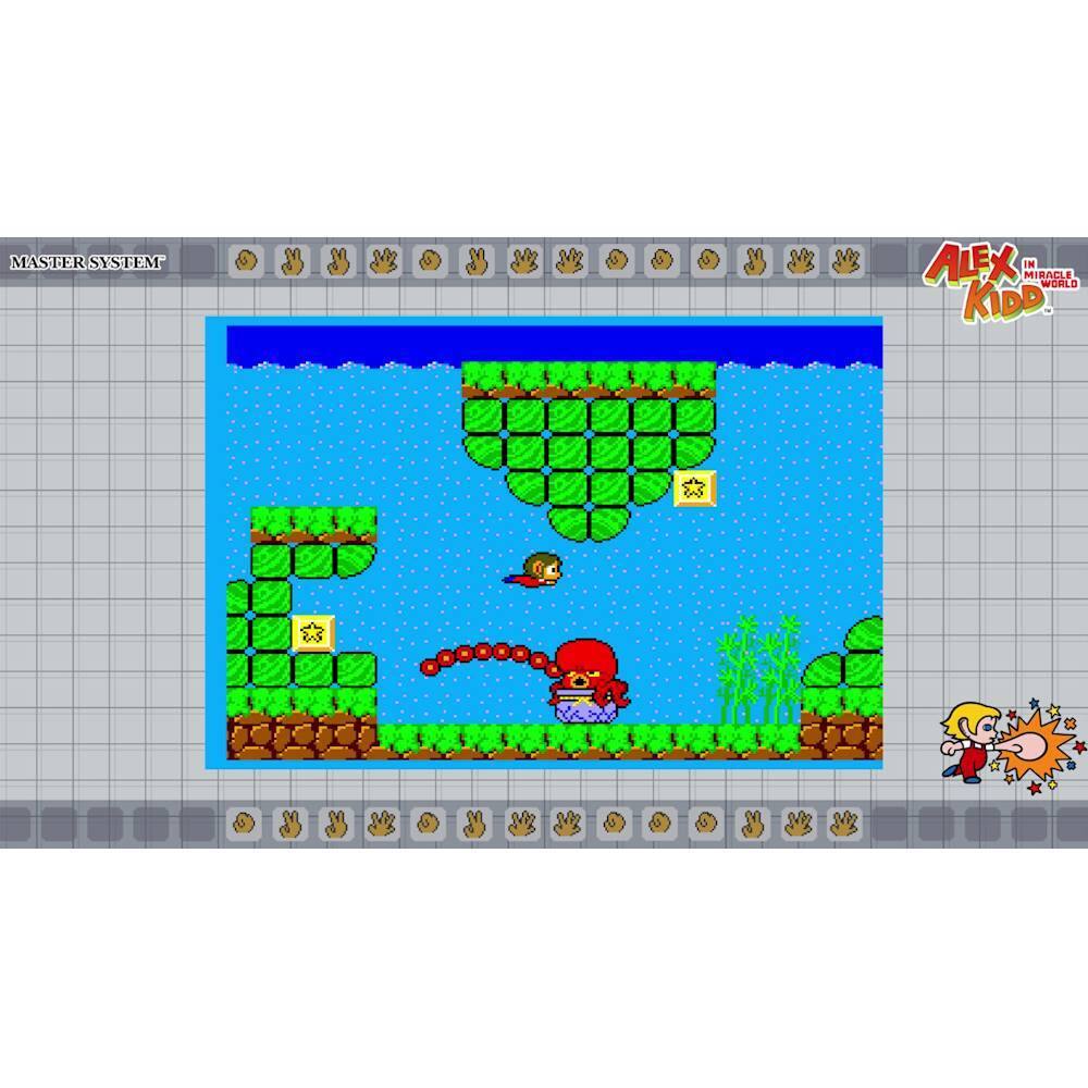 The image features a video game with a character in a red hat, likely a character from the game "Master System." The character is jumping over a gap, possibly in a cave, while holding a fishing rod. The game appears to be a platformer, and the character is in the middle of the action.