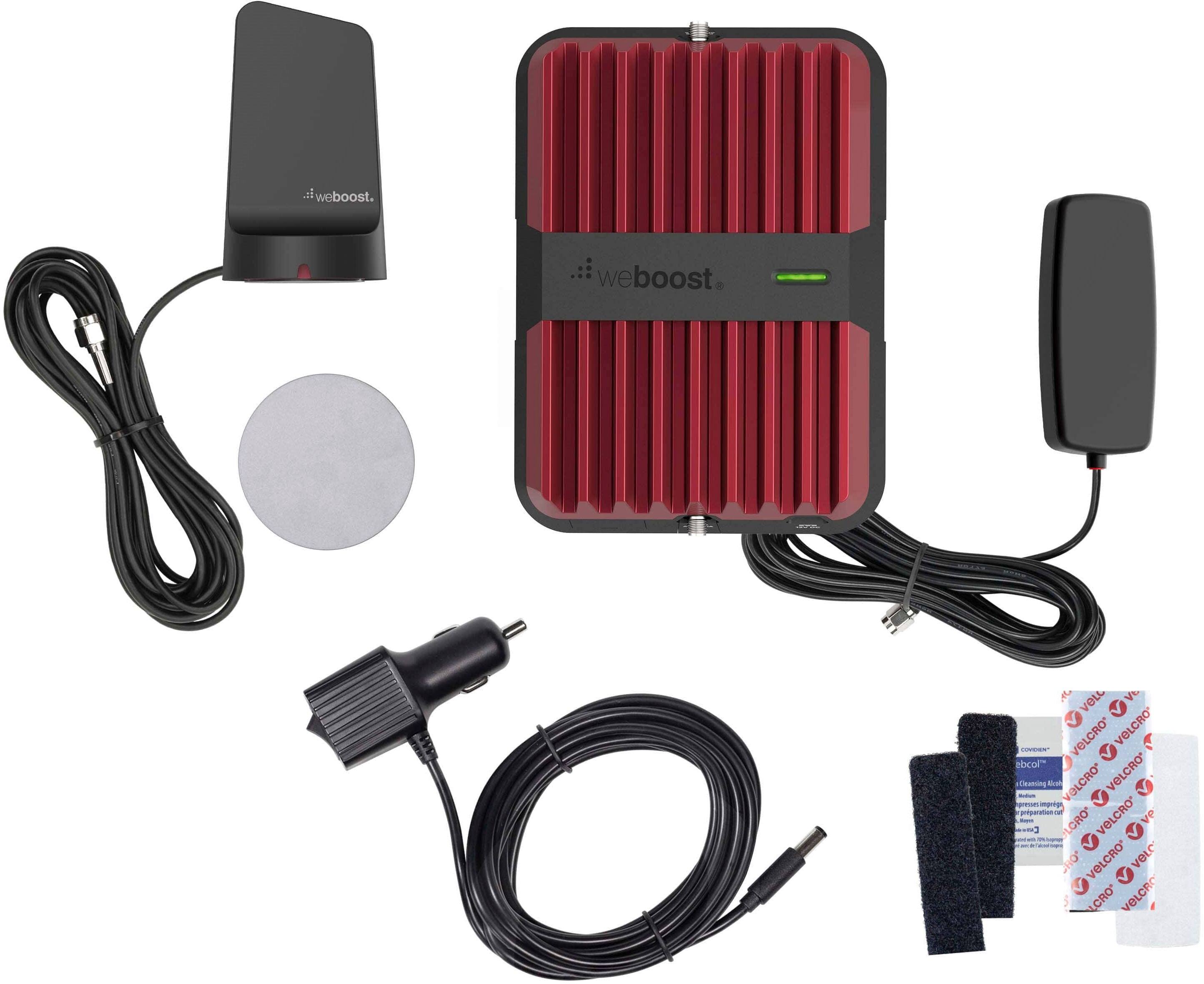 Left. weBoost - Drive Reach Vehicle Cell Phone Signal Booster Kit for Car, Truck, and SUV, Boosts 5G & 4G LTE for All U.S. Carriers - Red.