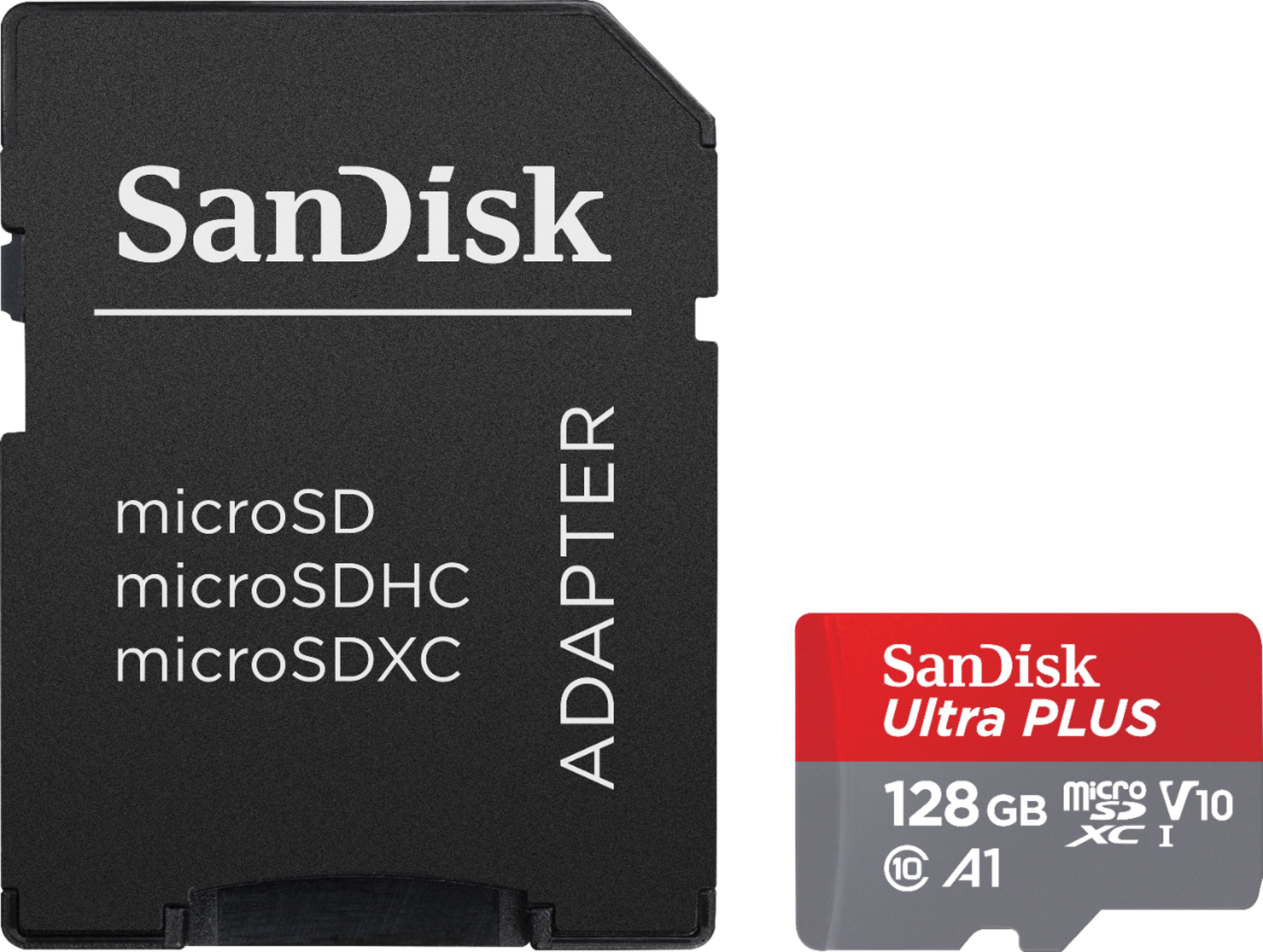 Zoom in on Front Zoom. SanDisk - Ultra PLUS 128GB microSDXC UHS-I Memory Card.