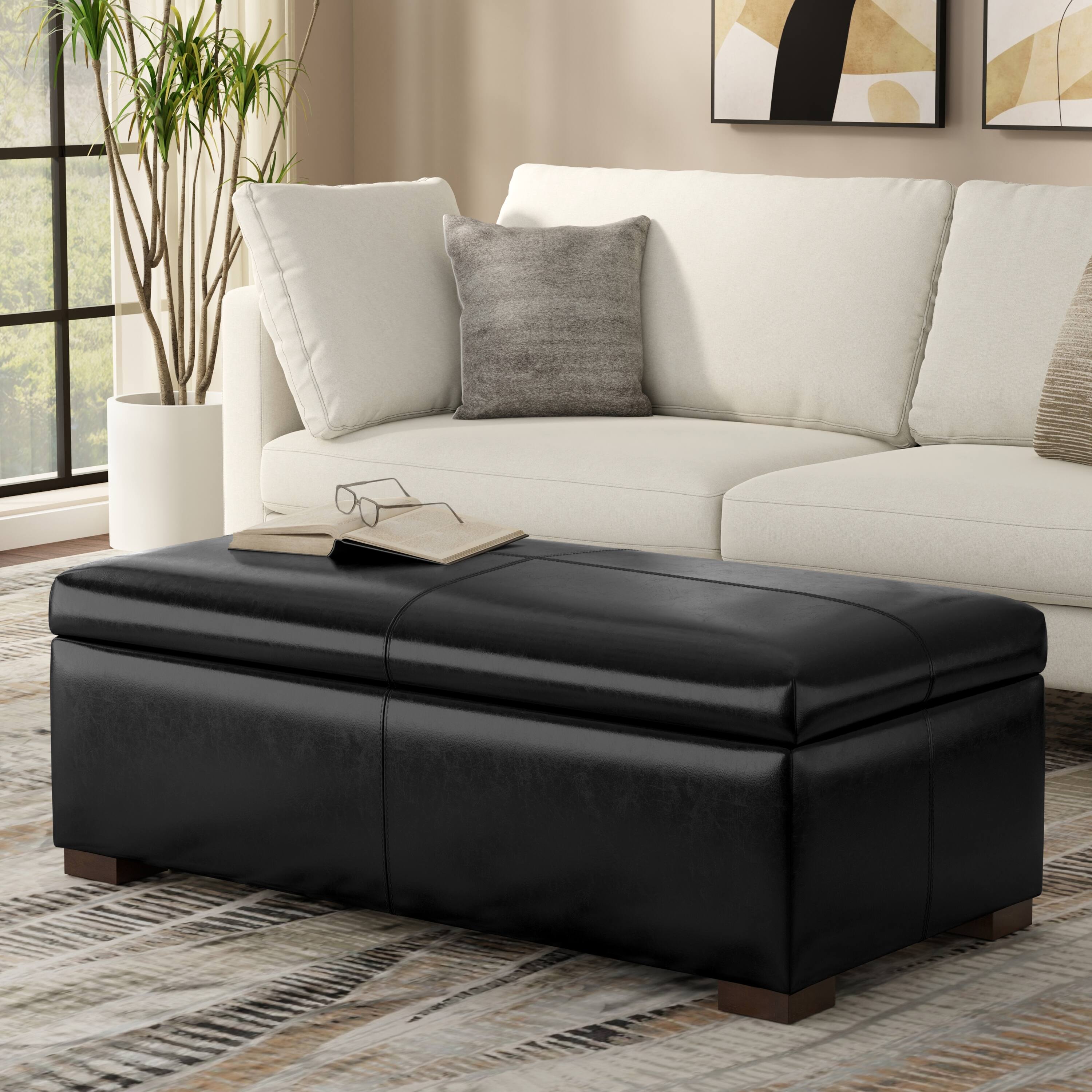 Angle. Simpli Home - Gabbie 48 inch Wide Rectangular Storage Ottoman in Midnight Black PU Vegan Leather - Midnight Black.