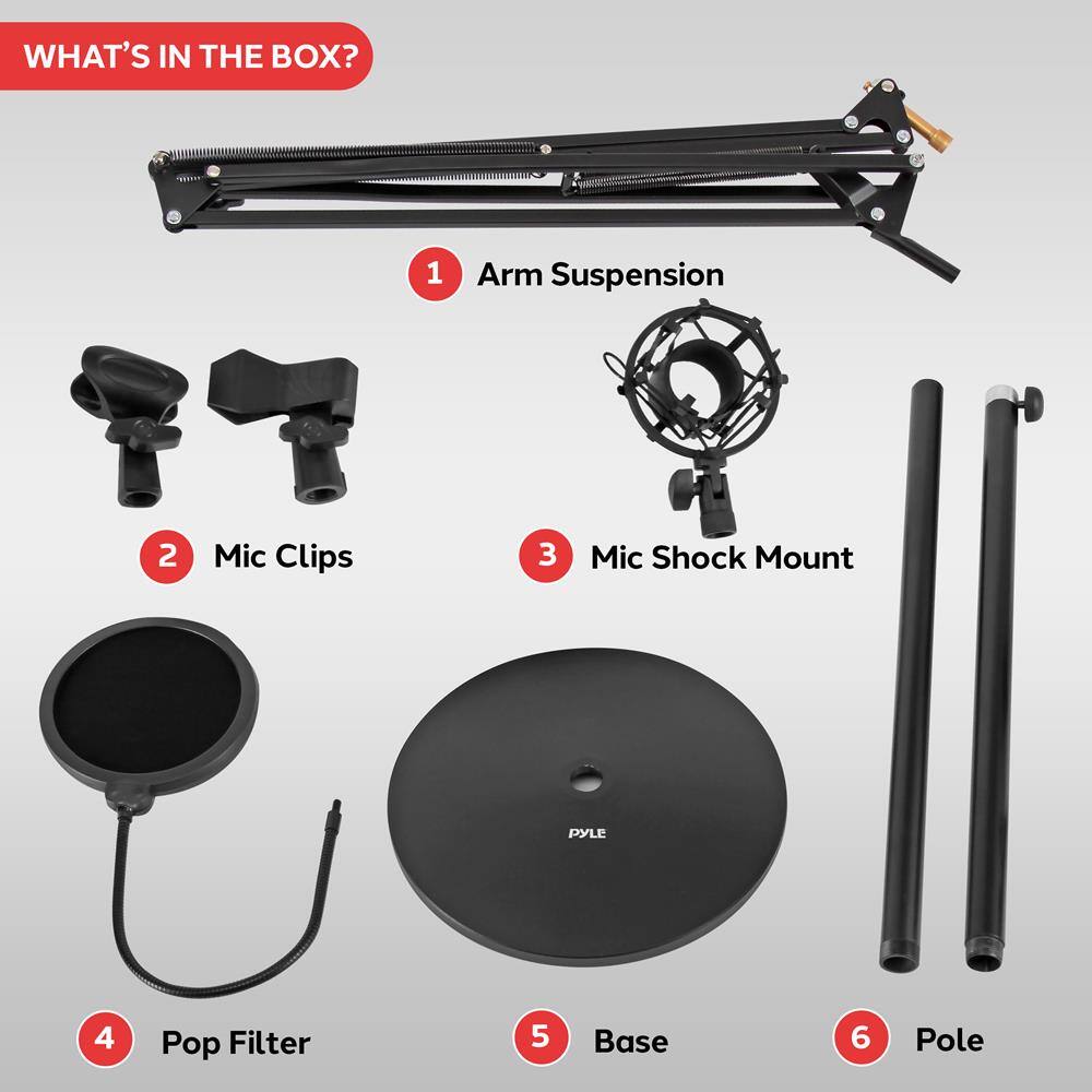 WHAT'S IN THE BOX?

1. Arm Suspension  
2. Mic Clips  
3. Mic Shock Mount  
4. Pop Filter  
5. Base  
6. Pole