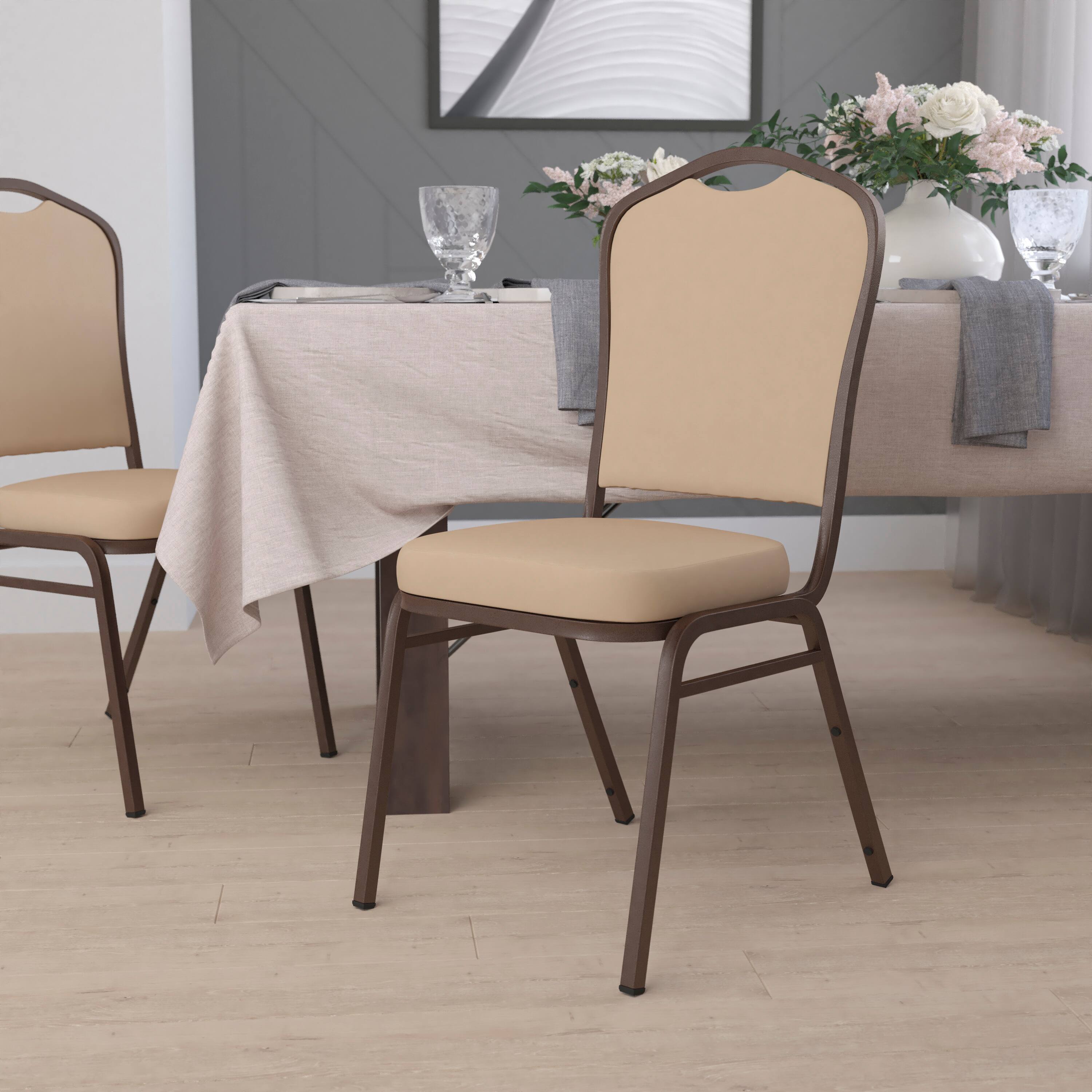 Alt View 1. Emma + Oliver - Crown Back Stacking Banquet Dining Chair - Tan Vinyl/Copper Vein Frame.