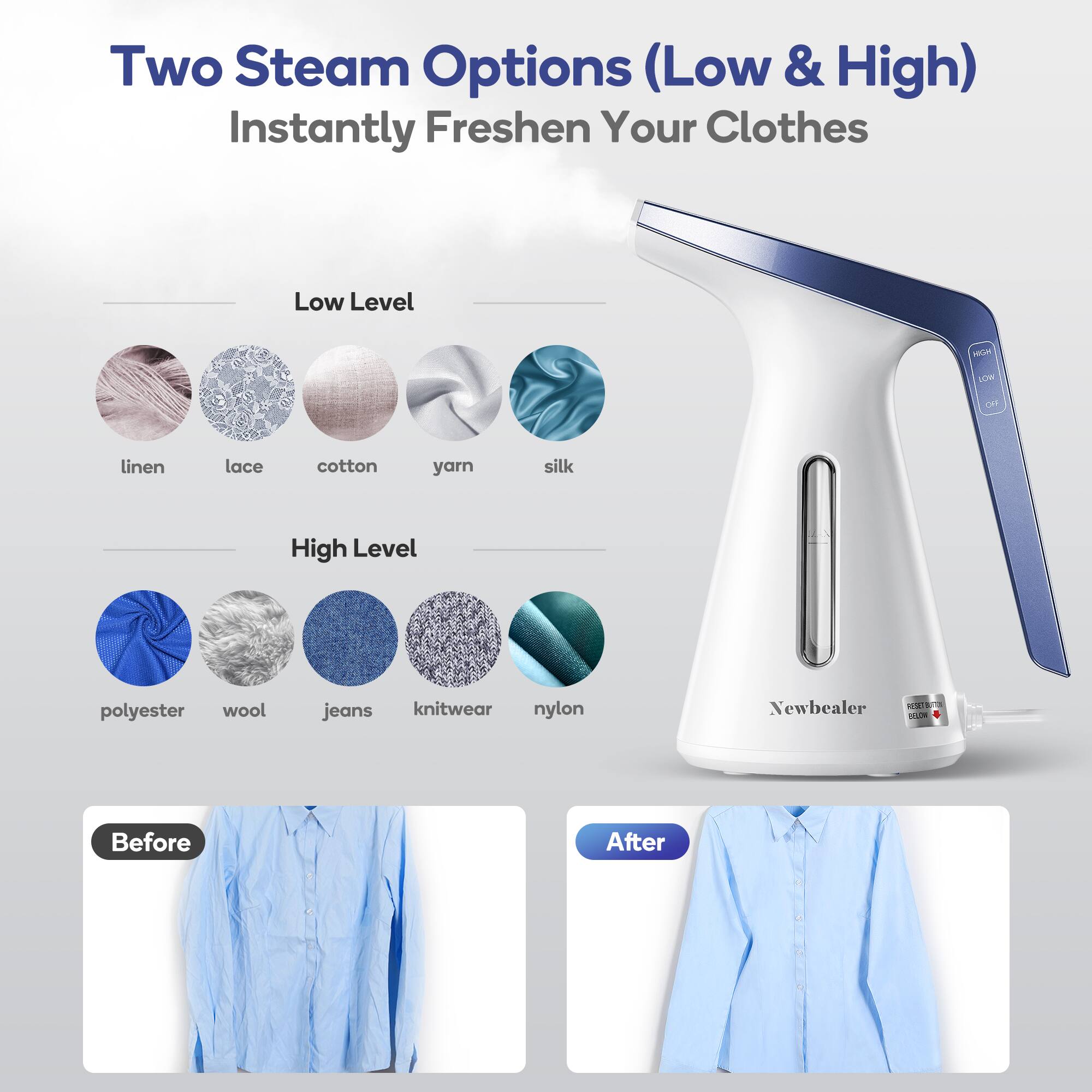 Two Steam Options (Low & High)  
Instantly Freshen Your Clothes  

Low Level  
- linen  
- lace  
- cotton  
- yarn  
- silk  

High Level  
- polyester  
- wool  
- jeans  
- knitwear  
- nylon  

Before  
After  

Newbealer
