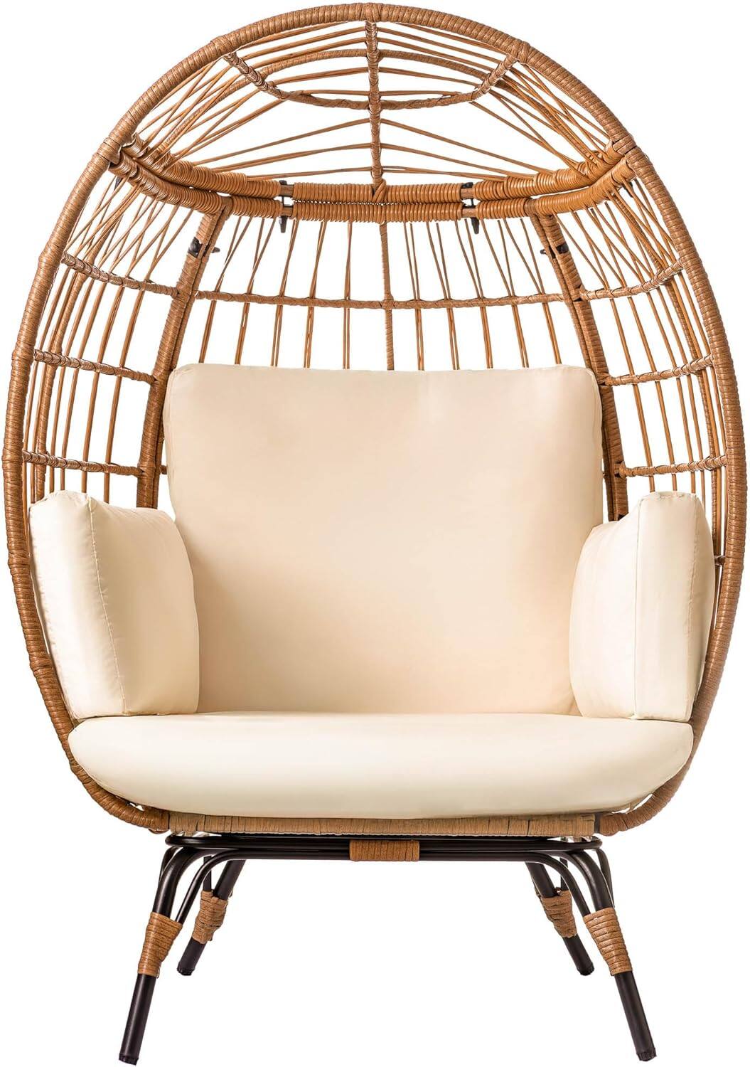 Alt View 1. Maple99 - Wicker Egg Chair PE Rattan Patio Chair with Steel Frame & Ivory Cushion Perfect for Balcony, Garden & Indoor Lounging - Beige.